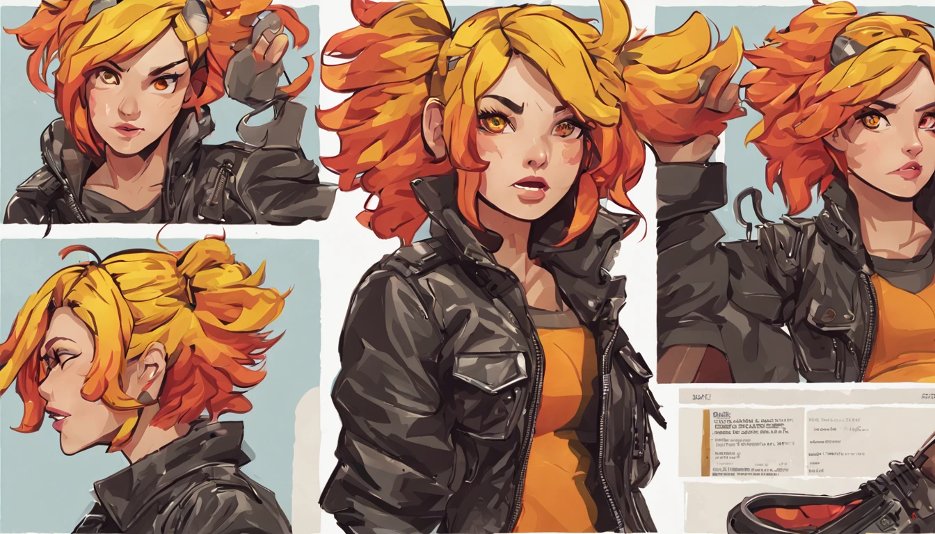 A cute woman (dashing action hero in a leather jacket, leather pants, combat boots, loud brightly colored hairdo, cute face),(her code name is 'Tater Salad'), Is seen from multiple angles and a close up on face in a character design sheet