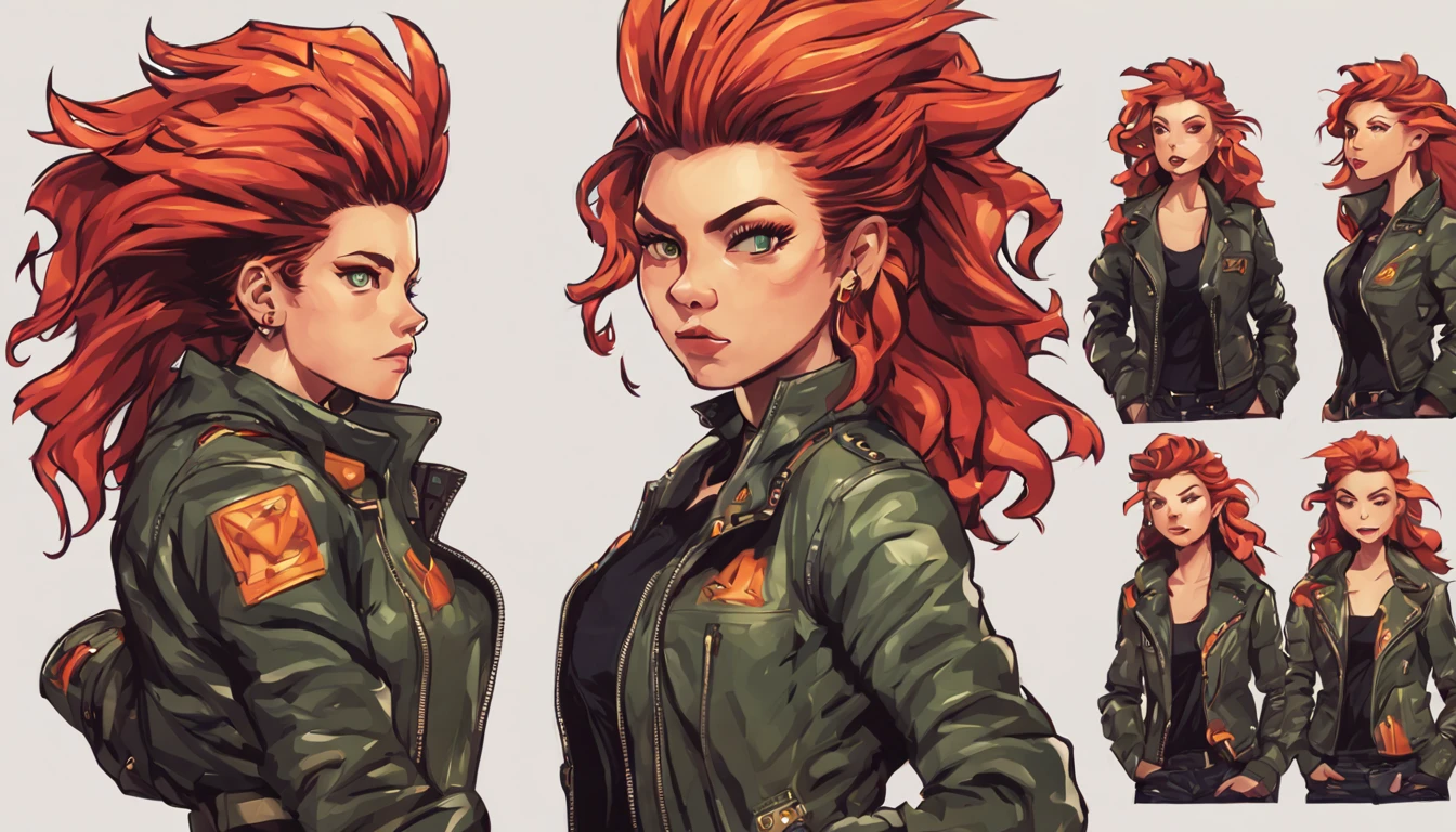 A cute woman (dashing action hero in a leather jacket, leather pants, combat boots, loud brightly colored hairdo, cute face),(her code name is 'Tater Salad'), Is seen from multiple angles and a close up on face in a character design sheet