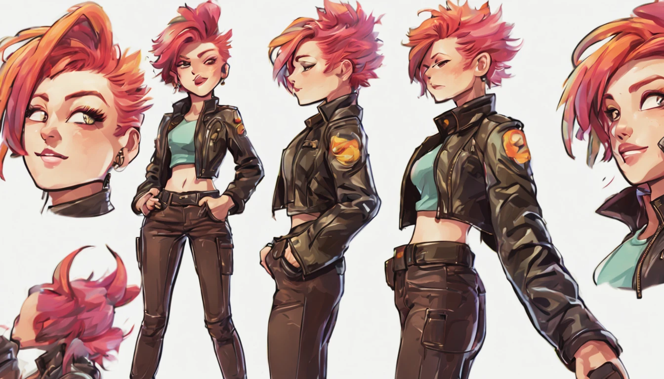 A cute woman (dashing action hero in a leather jacket, leather pants, combat boots, loud brightly colored hairdo, cute face),(her code name is 'Tater Salad'), Is seen from multiple angles and a close up on face in a character design sheet