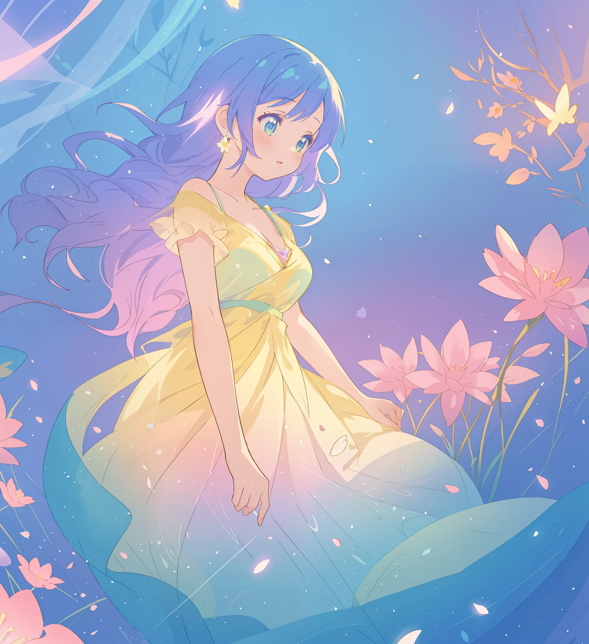 beautiful girl in yellow mint gradient flowing dress, long flowing blue purple hair, colorful fantasia background, watercolor illustration, disney art style, glowing aura around her, glowing lights, beautiful digital illustration, fantasia otherworldly landscape plants flowers, beautiful, masterpiece, best quality, anime disney style