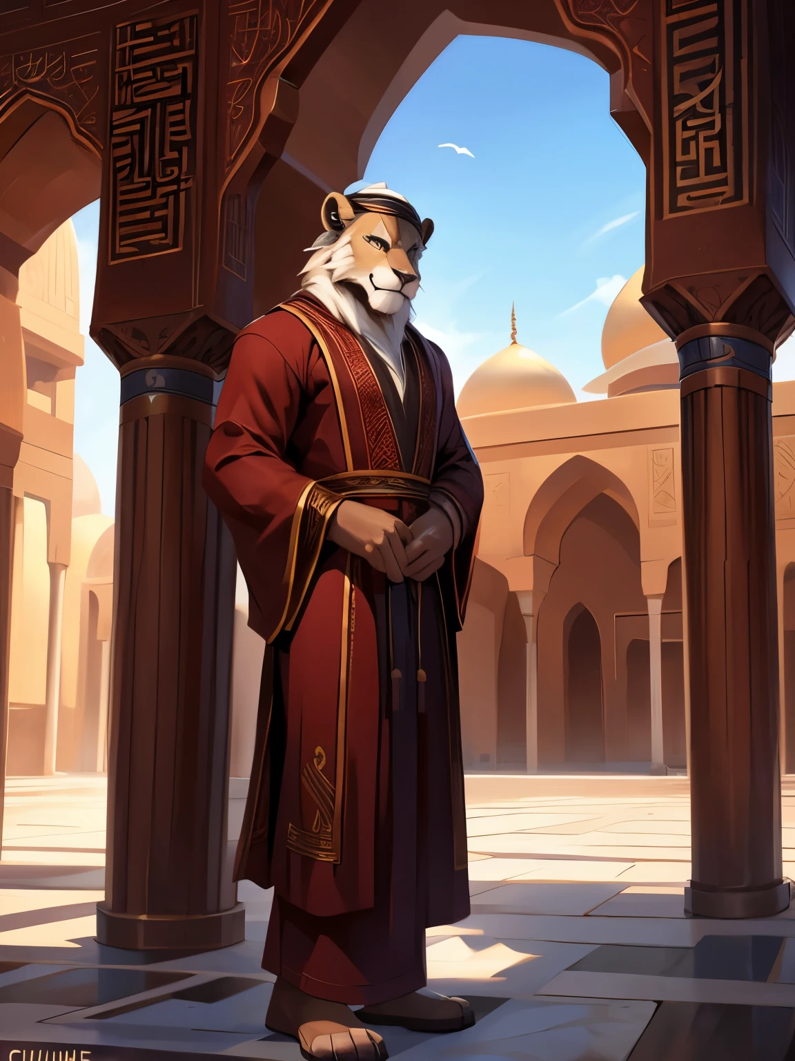 4k, high resolution, best quality, perfect colors, perfect shadows, perfect lighting, posted on e621, (by Chunie, by canyne khai, by t.y.starale), male, furry, Lion anthro, solo, white fur, eyes, (Realistic eye details 1.2), wearing Muslim clothing, wearing a cap on the head, arabic style, background of the mosque in the garden area, beautiful Arabic calligraphy, dress neatly, elegantly, Full body like, Slim body, abs, Masterpiece, His face was full of joy and pleasure, dramatic lighting, soft lighting, day, highly detail, Hair coiled, fit body, perfect male figure, Detailed fur, Detailed face, Perfect face, Detailed background, (Complex), (Super Detail), (Ultra Clear), (Best Quality)