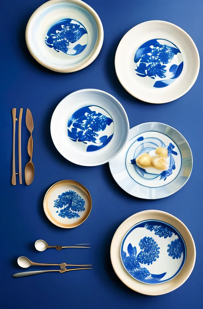 Many plates and bowls on table with blue background, 为陶porcelain杂志拍摄, 陶porcelain, deep sea themed, delft pottery, Inspired by Katsushika Hokusai, Inspired by Tove Janssen, porcelain organic, hand built 陶porcelain, porcelain, japanese pottery,Sardine pattern,american retro style,Inspired by typographic posters