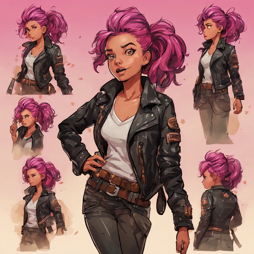 A cute woman (dashing action hero in a leather jacket, leather pants, combat boots, loud brightly colored hairdo, cute face),(her code name is 'Tater Salad'), Is seen from multiple angles and a close up on face in a character design sheet