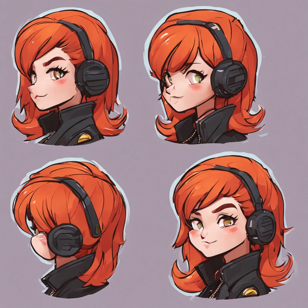 A cute woman (dashing action hero in a leather jacket, leather pants, combat boots, loud brightly colored hairdo, cute face),(her code name is 'Tater Salad'), Is seen from multiple angles and a close up on face in a character design sheet