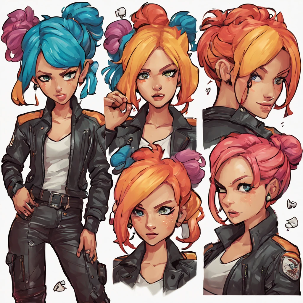 A cute woman (dashing action hero in a leather jacket, leather pants, combat boots, loud brightly colored hairdo, cute face),(her code name is 'Tater Salad'), Is seen from multiple angles and a close up on face in a character design sheet