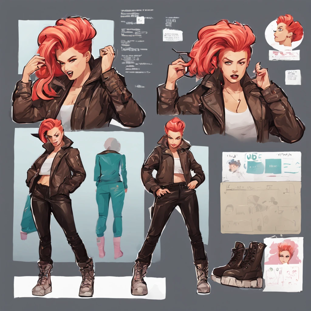 A cute man (dashing action hero in a leather jacket, leather pants, combat boots, loud brightly colored hairdo, cute face, stubbly bead) Is seen from multiple angles and a close up on face in a character design sheet