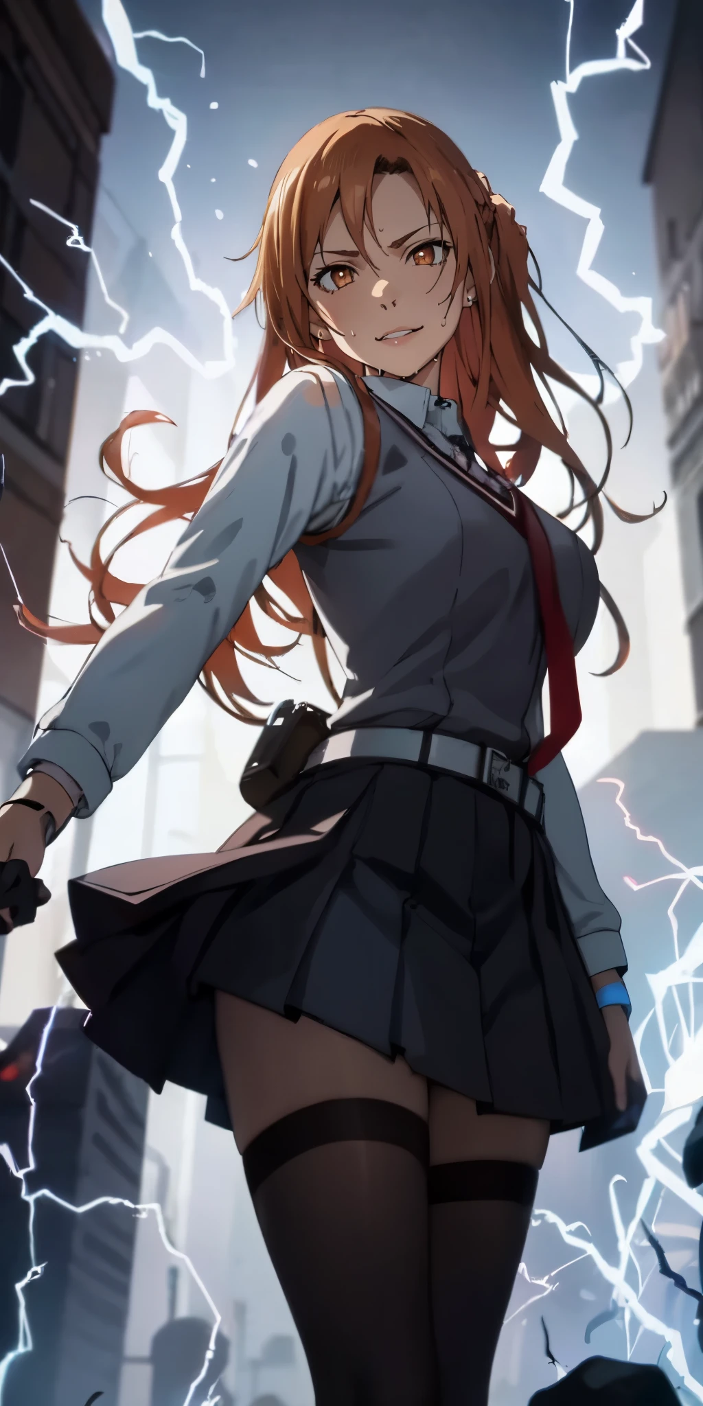 yuuki asuna, kizukiai, orang hair, brown eyes, long hair, braid, tokiwadai school uniform, huge breasts, sweating, glowing eyes, heavy breathing, 1girl, breasts, (electricity:1.4), large_breasts, skirt, blurry, pleated_skirt, depth_of_field, gloves, belt, school_uniform, long_sleeves, solo, looking_at_viewer, blurry_background, necktie, glow effects, godrays, Hand drawn, render, 8k, octane render, cinema 4d, blender, dark, atmospheric 4k ultra detailed, cinematic, Sharp focus, big depth of field, Masterpiece, colors, 3d octane render, 4k, concept art, trending on artstation, hyperrealistic, Vivid colors, extremely detailed CG unity 8k wallpaper, trending on CGSociety, Intricate, High Detail, dramatic,
