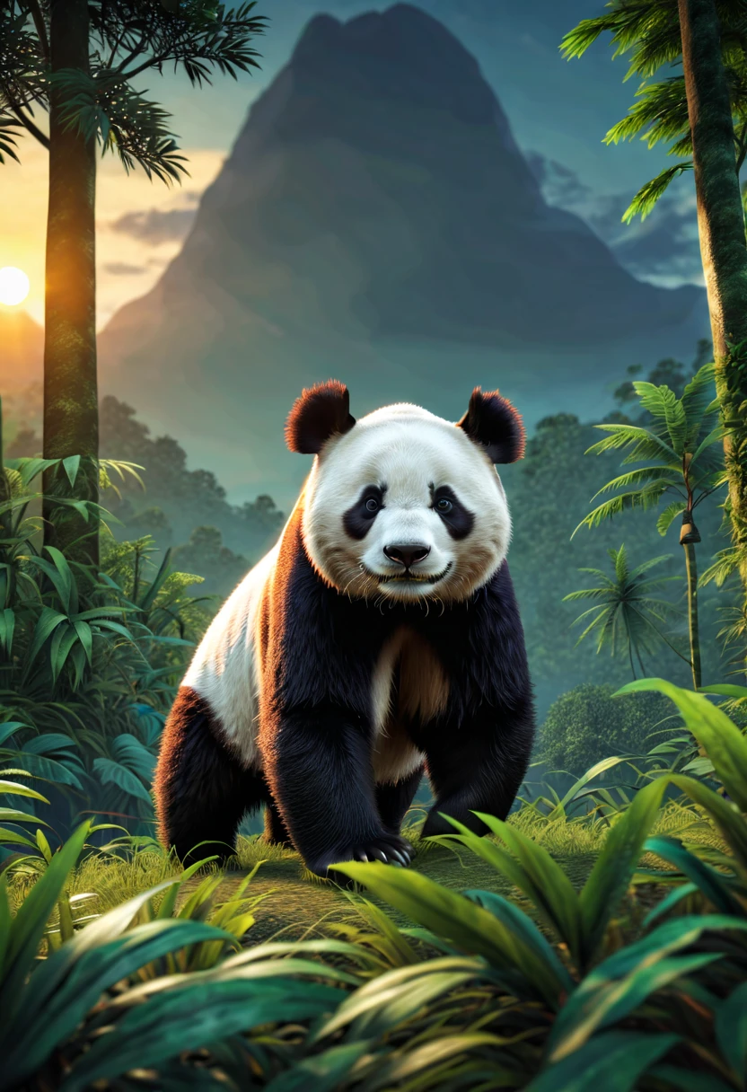 ((panda:1.5, ultra detailed:1.4, majestic, imposing, elegant, fearsome, among leaves in the middle of the jungle.:1.4),hyperrealistic, epic, ultra, Masterpiece, sunset lighting almost dusk, impeccable landscape, 32k,