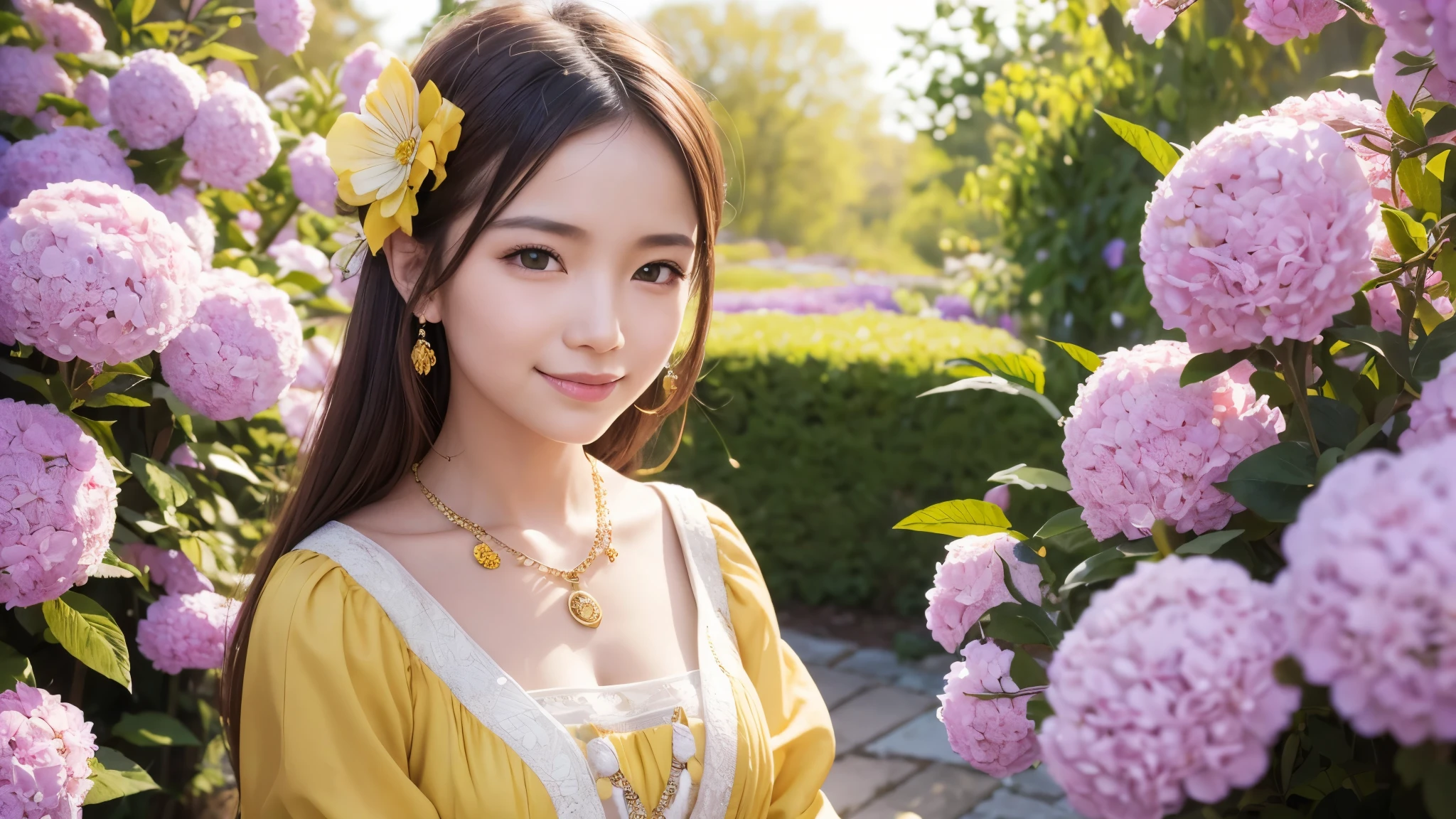 masterpiece, award winning, high quality, super detail, 8k, photo, simple pose, girl, (solo), smile, standing, ancient clothing, detailed clothes, dressed up, spring clothes, ancient accessories, (theme color is bright yellow and violet), complemented with a necklace, from above, (close up of face), (portrait style), in the flower garden, classic European style, in early spring, natural daylight, direct sunlight, harmonious color palette and composition