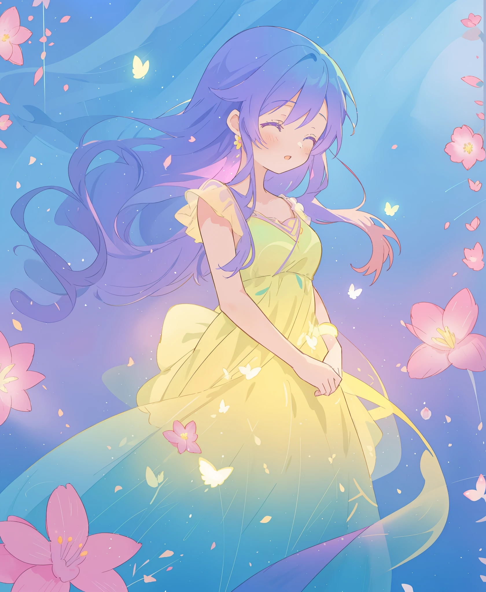 beautiful girl in yellow mint gradient flowing dress, long flowing blue purple hair, colorful fantasia background, watercolor illustration, disney art style, glowing aura around her, glowing lights, beautiful digital illustration, fantasia otherworldly landscape plants flowers, beautiful, masterpiece, best quality, anime disney style