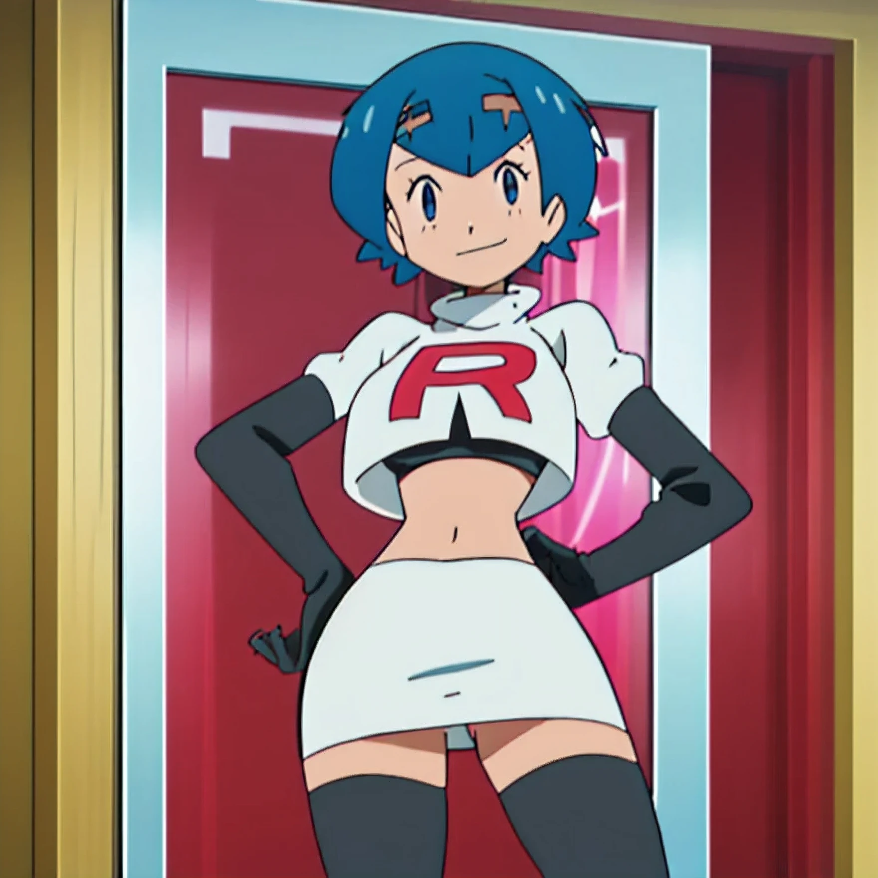 8k,1girl in, (solo:1.1), (perfect body:1.1), (best quality:1.1), very large breast, team rocket, team rocket uniform, red letter r, white skirt,white crop top,black thigh-high boots, black elbow gloves, smiling, looking down at viewer, hands on hips,zettai ryouiki,cowboy shot