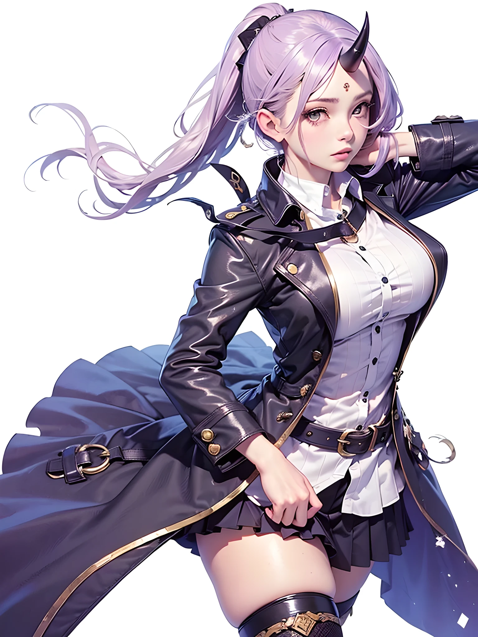 shion of tensura, High resolution, highest quality, super detail, (detailed face) (detailed masterpiece), best quality, sad eyes, perfect face, 1 girl, solo, woman, black coat, white shirt, black necktei, purple hair, 1 black horn in the forehead, castle room