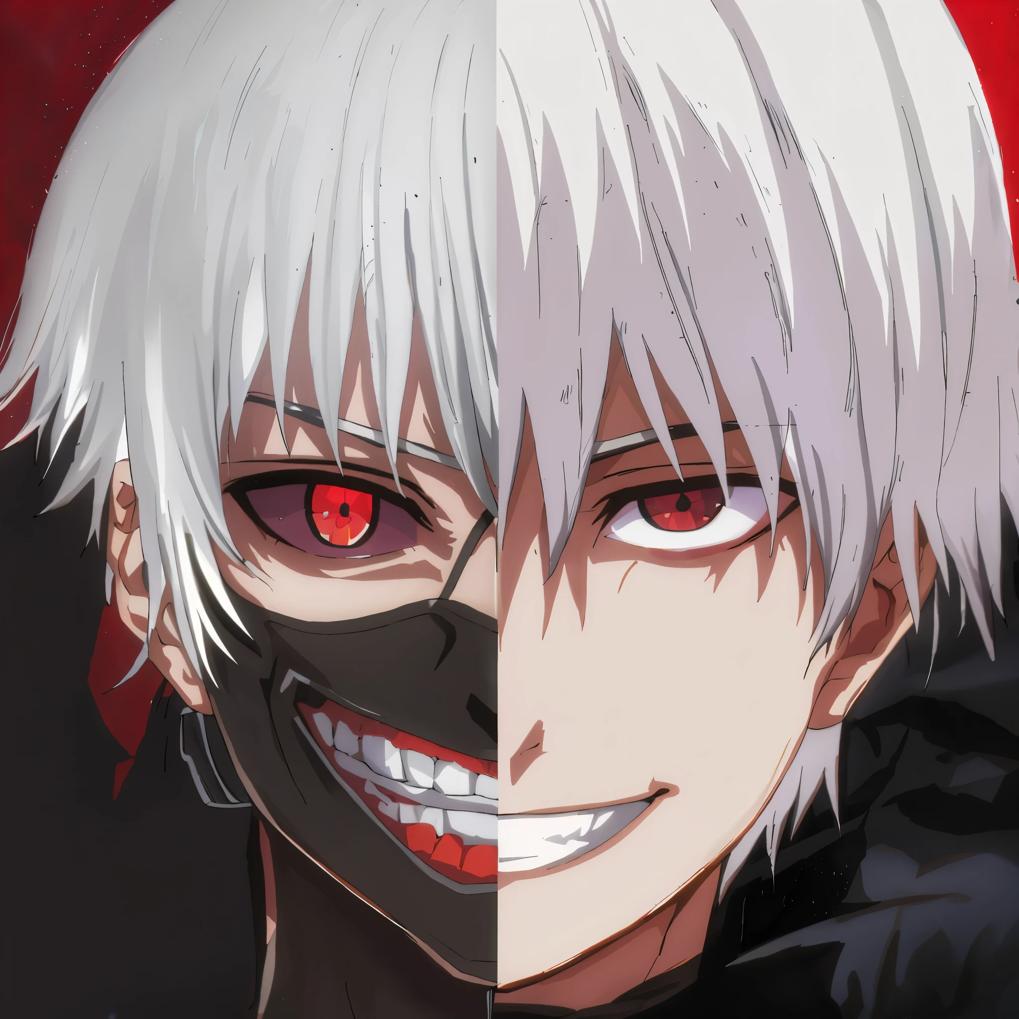  male role, man, 8K,SD 2.5，comics，Japanese comics《Tokyo Ghoul》Protagonist Kaneki Ken，Handsome man with white hair，One side of face is cold，One side of the face is darkened，Wears a black half-mask，red pupils，evil smile，handsome face，close up，full painting style，Two dimensions，fine face，Original picture，