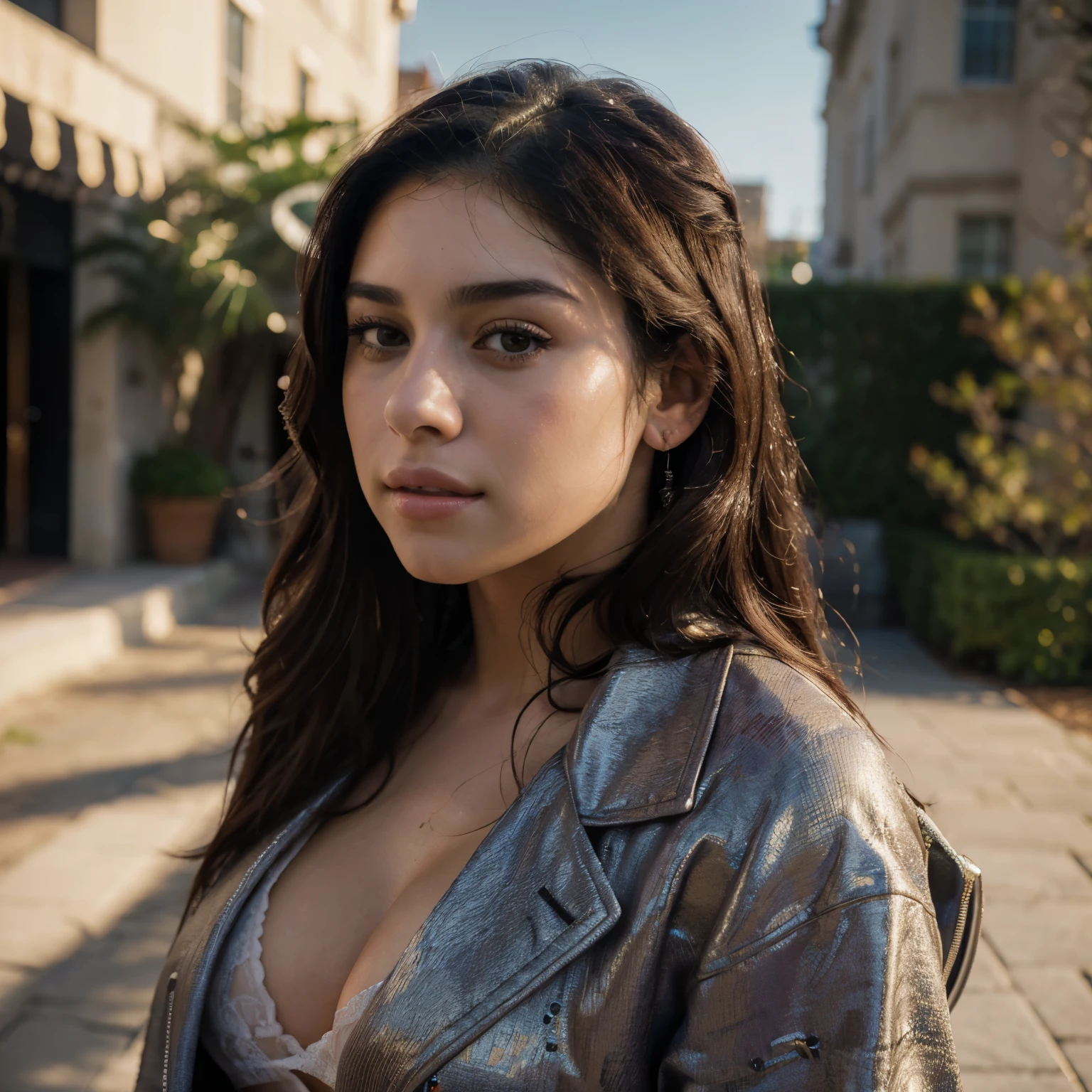 (ultra-detailed,high-res,realistic portrait:1.2),sensual Paint coat, happy and elegant Lauren Jauregui on shooting, exciting scenery in the background,light,soft shadows, vibrant colors