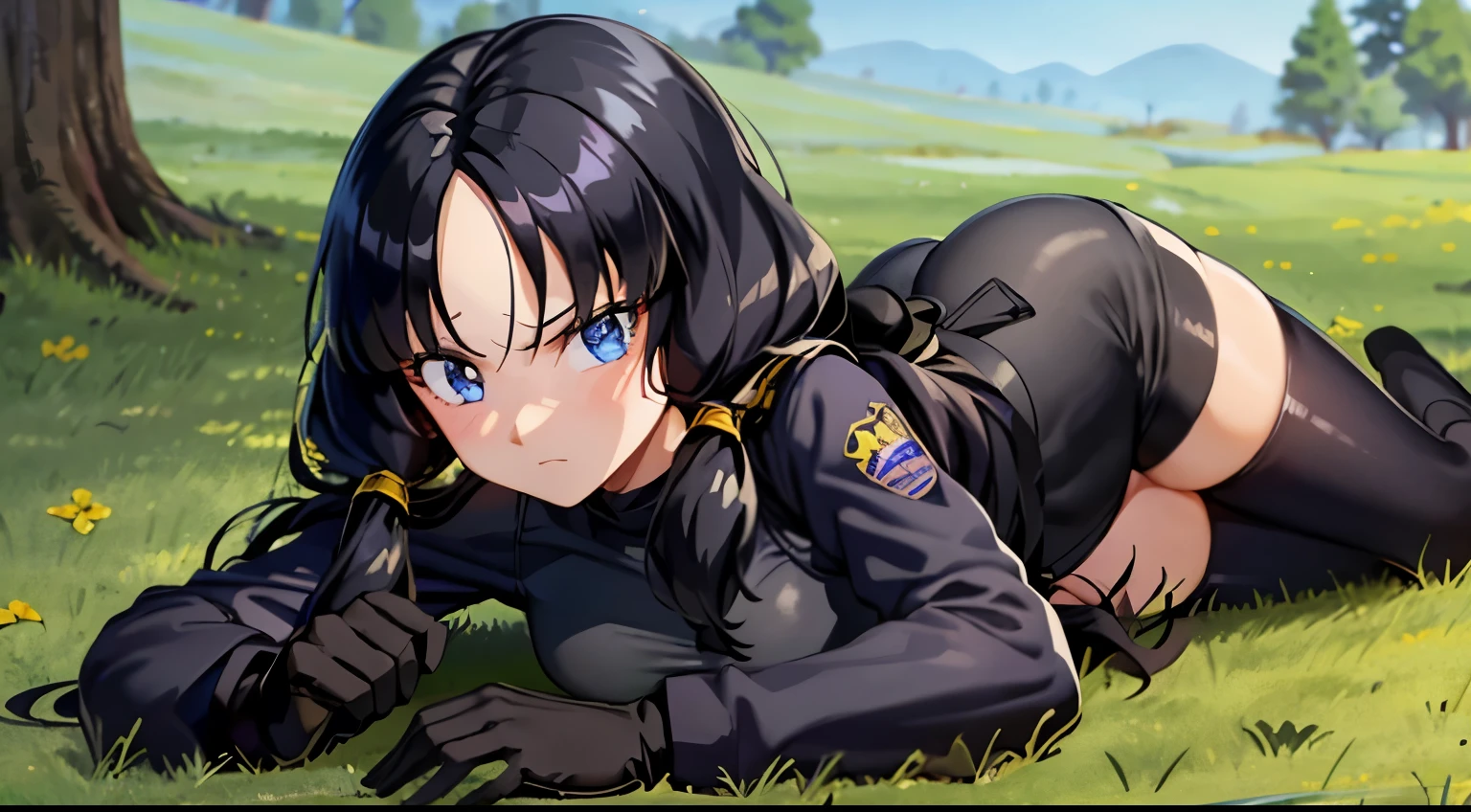 1girl, tan skin, tan, tan-skinned female, from behind, ass, ass focus, thong, panties, jacket, smile, smirk, smug, breasts, huge ass, thick thighs, mature female, black hair, very short hair, yellow eyes, forest, black jacket, ((black jacket)), hooded jacket, belt, military hat, cap, gloves, highleg, gun, highleg thong, black thong, tomboy, pixie cut, thigh strap, ((thigh strap)), ((highleg)), military jacket, holding gun