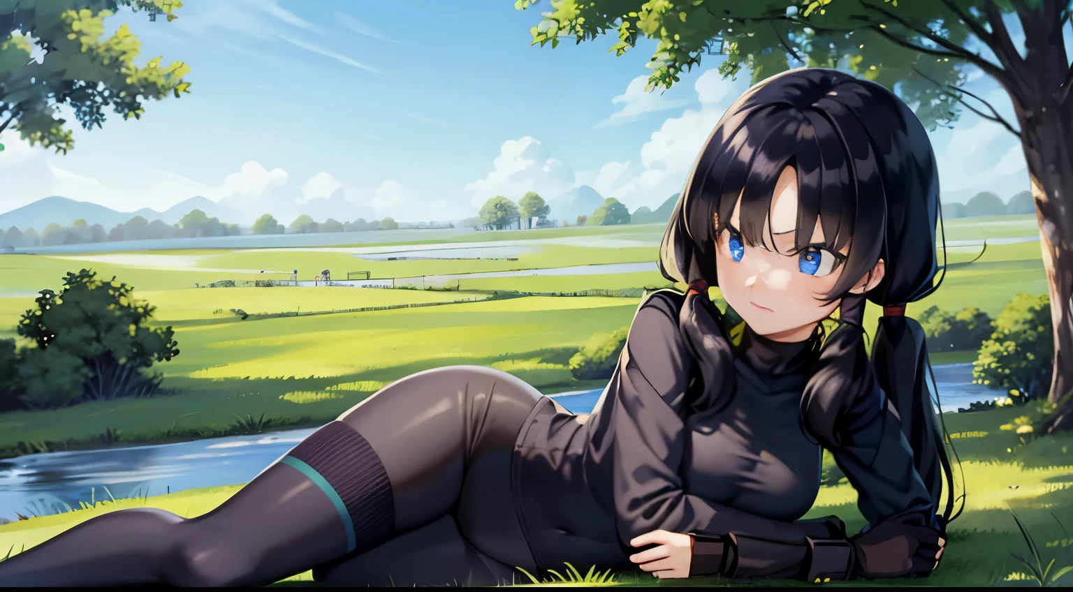 Assault rifle, combat girl,black tight suit,masterpiece, highest quality,High resolution, , 1girl,gun,girl,he saw,saw 2, blue eyes, black hair, Low twintails and short cut, dense forest,Bottomless swamp