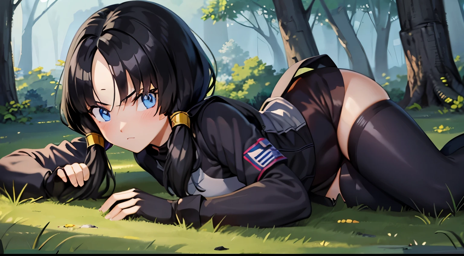  Assault rifle, combat girl,black tight suit,masterpiece, highest quality,High resolution, , 1girl,gun,girl,he saw,saw 2, blue eyes, black hair, Low twintails and short cut, dense forest,Bottomless swamp