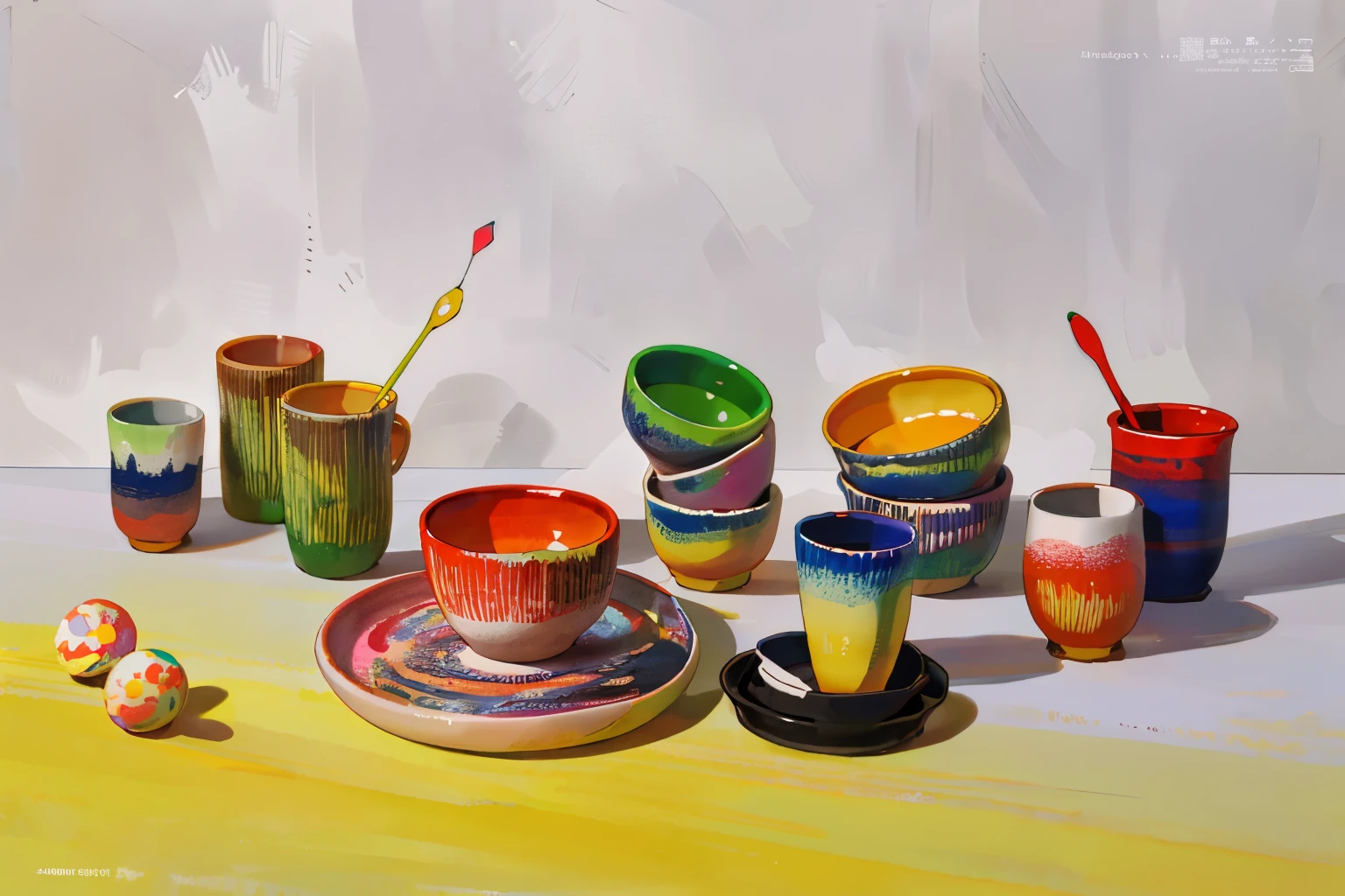 There are many cups and saucers of different colors on the table, glaze, shot for pottery magazine, ceramics, rich and colorful, made of glazed, bright saturated color, Vibrant shades, full of color, glazed ceramic, pot, Vibrant environment, saturated color, full of color 8-w 1024, full of color w 1024, Striking colors, bright colors