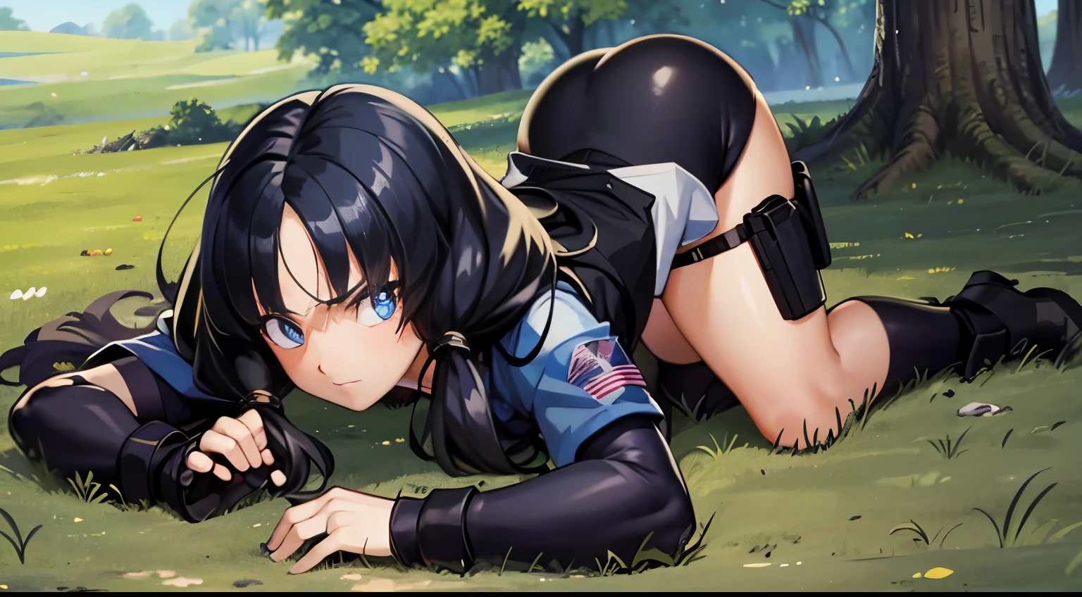  With an assault rifle, combat girl,black tight suit,masterpiece, highest quality,High resolution, , 1girl,gun,girl,he saw,saw 2, blue eyes, black hair, Low twintails and short cut, dense forest,Bottomless swamp