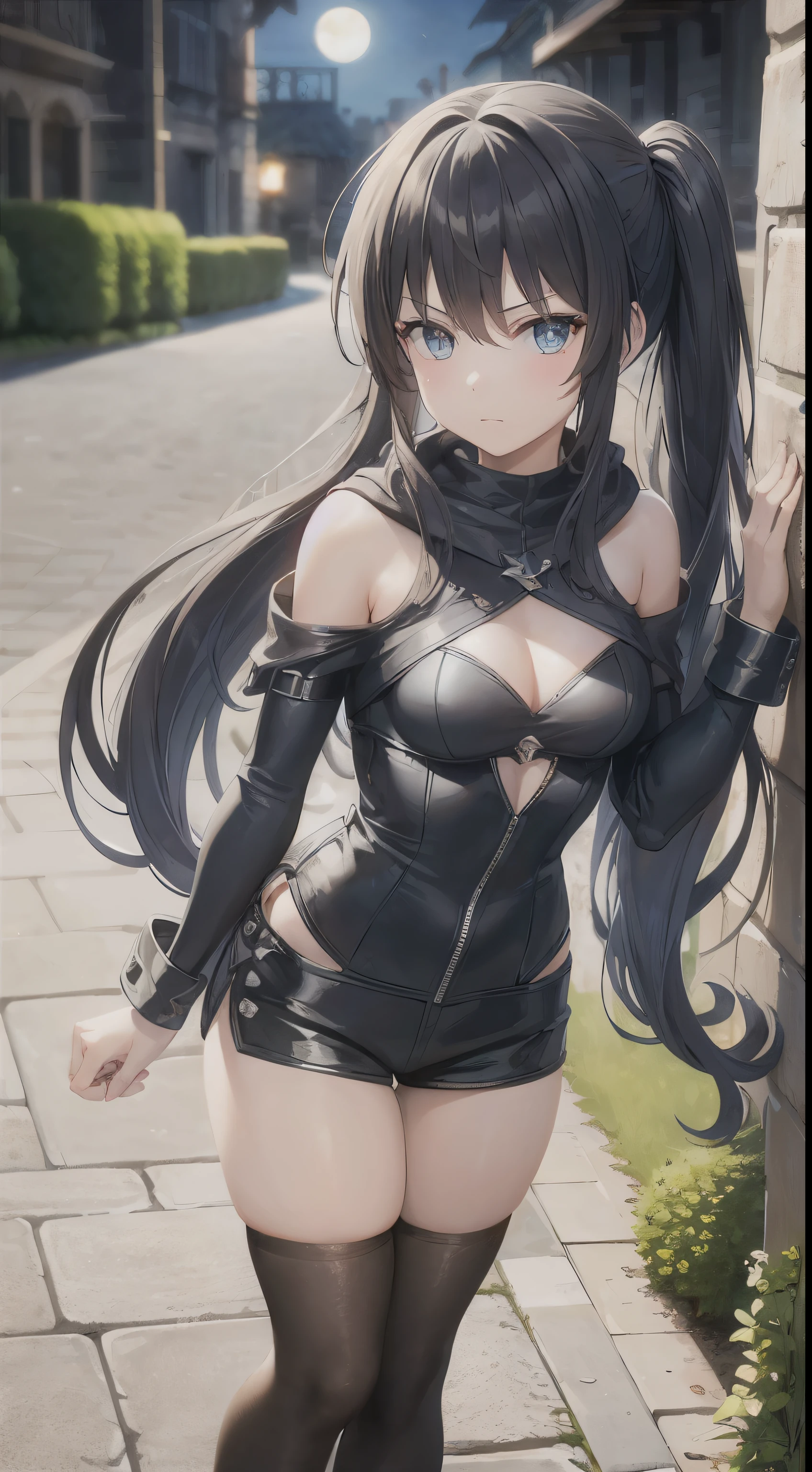 big masterpiece, best quality, extremely detailed CG, beautiful detailed eyes, ultra-detailed, intricate details:1.2), 8k wallpaper, elaborate features, glistening shiny, glowing light, ray tracing, HDR, deph of field, (perfect face), HD, perfect lighting, ((beautiful detailed eyelashes)), ((full body)), solo:1.5 (high-quality, breathtaking),(expressive eyes, perfect face) portrait, 1girl, female, solo, adult, age 20, Black hair, raven black hair, Dark black hair color, bright blue eye color, blue eyes, sky blue eye color, long hair length, looking at viewer, half body, calm expression, tsundere face expression, fantasy clothing, height 4"3, fantasy adventurer attire, rouge attire, thief profession, short height, black cloak, black jacket, black short sleeved shirt, long sleeved leather bracers, black shorts, silver trim, fantasy armor, shoulder pads, pigtails, long pigtails, pigtails hairstyle, very long hair, very long tiwntails hairstyle only, very long pigtail hairstyles, leather armor, light tanned skin, B cup breast size, curly hair, slightly narrow eyes, mature face, wearing fantasy themed clothes, wearing assassin clothes, wearing thief clothes, wearing black hooded cloak, hood down on cloak, black shorts, black knee high socks, black leather armor, boob window on chest, flipping a coin, leaning against a wall waiting, leaning against a wall flipping a coin, silver trim on fantasy clothes silver trim on clothes, glorious absolute territory, absolute territory, in an alley way, in a stone alley way, stone wall, fantasy stone alleyway, night time, moon over head, moonlight shining down