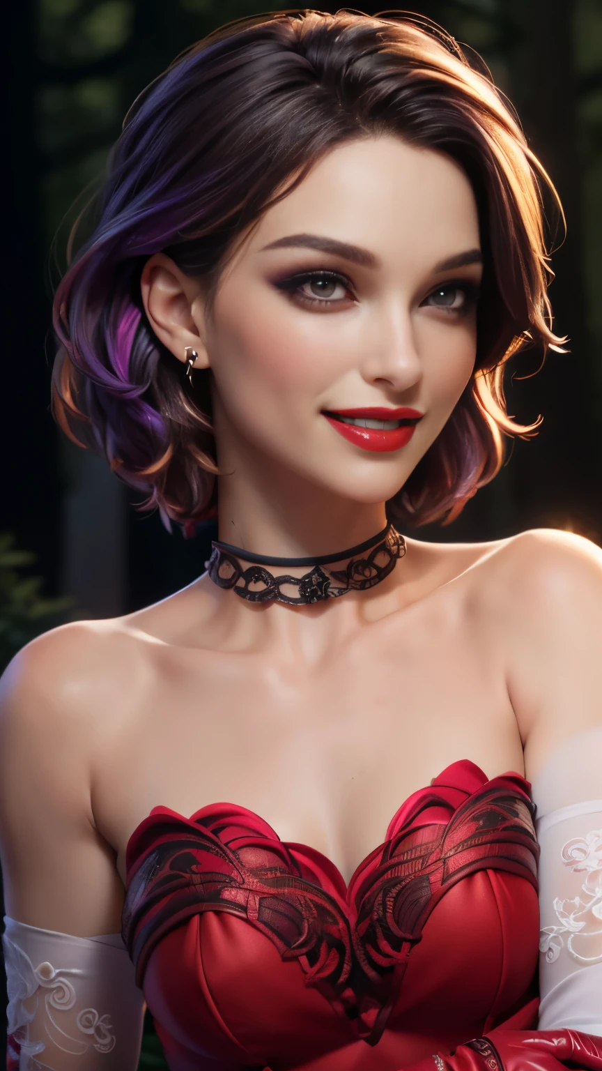 photo of celebrity, RAW, beautiful woman, ((portrait)), ((detailed face, colorful rainbow hair:1.2)), ((detailed facial feature, detailed skin, clear skin, parted lips), (perfect proportioned body, medium breasts), ((wearing red dress, strapless dress, long white elbow gloves, smile, light red lipstick, dark purple eye shadow, makeup, black choker: 1.5)), (high detailed dark forest: 1.3), (realistic photo, best quality, detailed), (8k wallpaper), (cinematic lighting, dramatic lighting) (sharp focus, intricate)