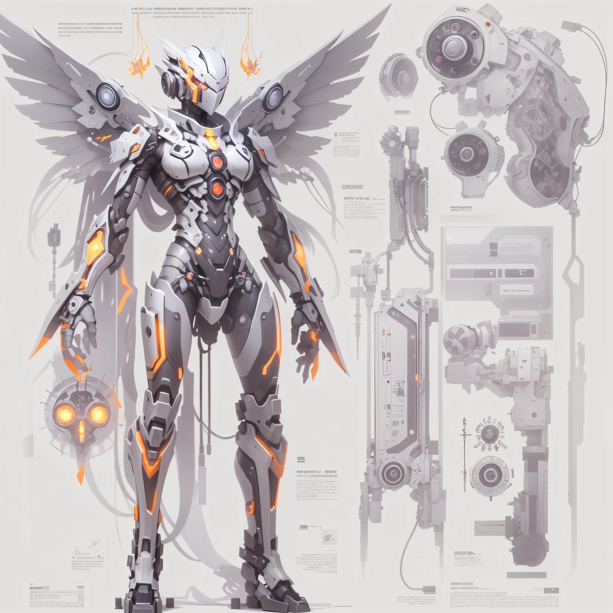 (Character Design Sheet),full body, Against a pure light gray background, A mixture of biology and machinery, a transparent mechanical angel, Complex and precise internal structure, Luminous neon lamp,(high detail, masterpiece, best quality, UHD, Sharpen details)