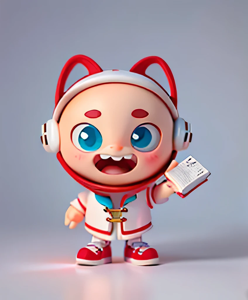 Blind box toy style,Lovely IP image,wearing white clothes,Wearing a small white helmet,holding a small book in hand
