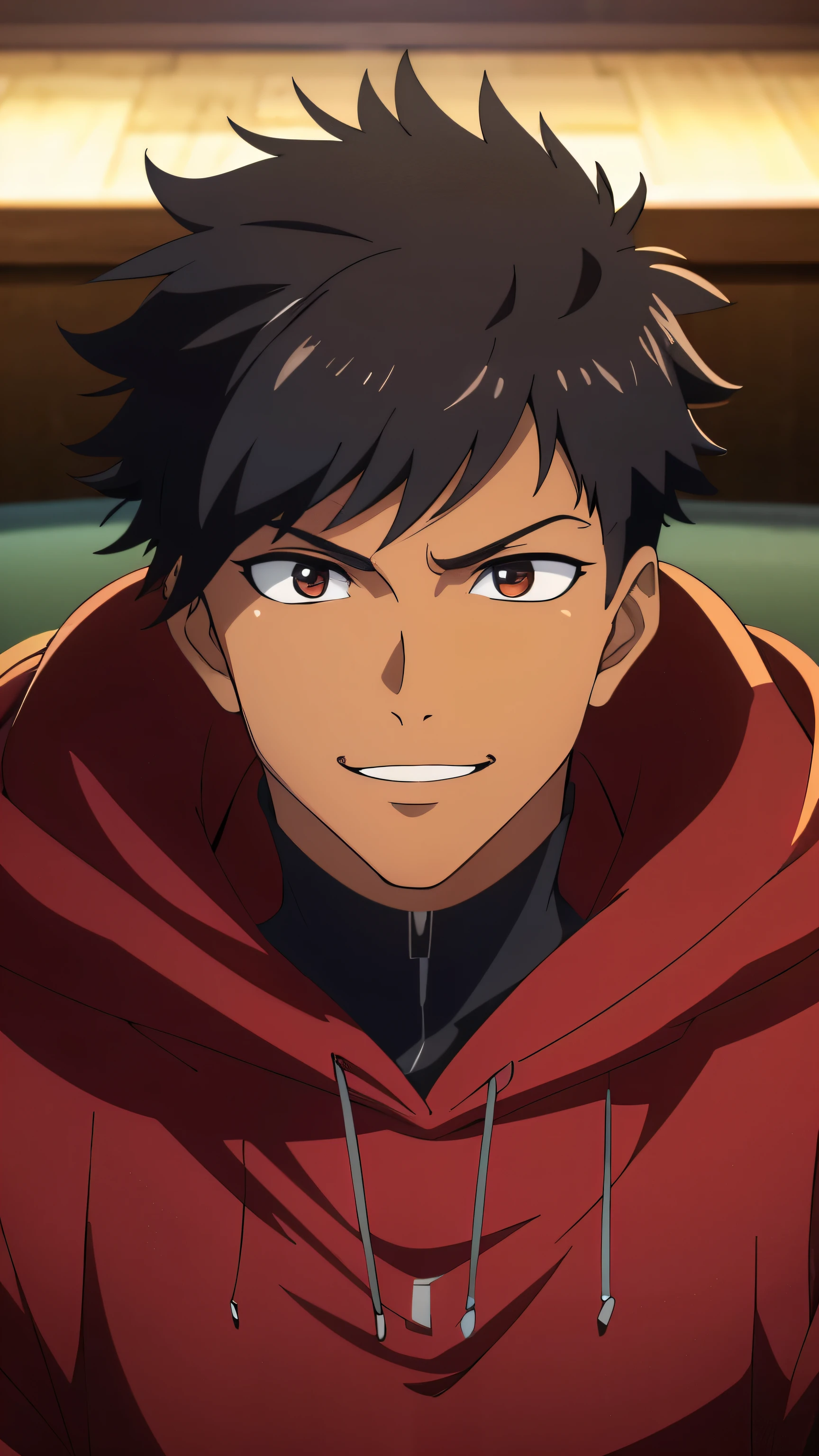 Tan skin, dark colored skin, black skin color, (high-quality, breathtaking),(expressive eyes, perfect face) portrait, 1boy, male, solo, adult, age 20, maroon colored eyes, dark red eyes, wearing black hoodie, cool black hoodie, wearing modern black hoodie, cheeky grin, sly smile, closed mouth sly smile, black hair, black hair with sides faded, short lock hairstyles, looking towards viewer dreamily, big masterpiece, best quality, extremely detailed CG, beautiful detailed eyes, ultra-detailed, intricate details:1.2), 8k wallpaper, elaborate features, glistening shiny, glowing light, ray tracing, HDR, deph of field, (perfect face), HD, perfect lighting, ((beautiful detailed eyelashes)), siting in a fancy chair, wearing black, one large bangs