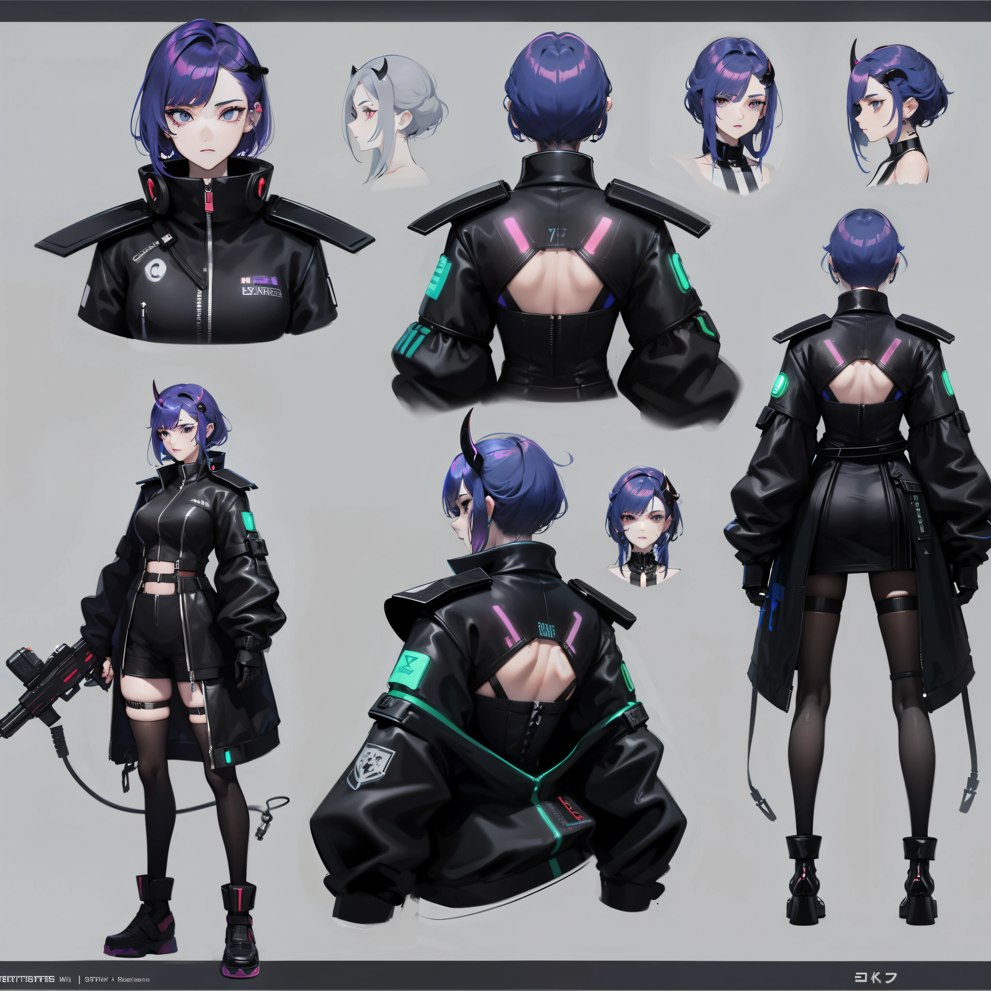 Cyberpunk adventure game female characters, whole body, (Hand-held laser gun)character design sheet, same characters, fallback-v4-3:2 air, (black eye stone, Devil short horn), Detailed face and body, futuristic clothing , High quality rendering.Three View,((Front view,side view,Rear view))