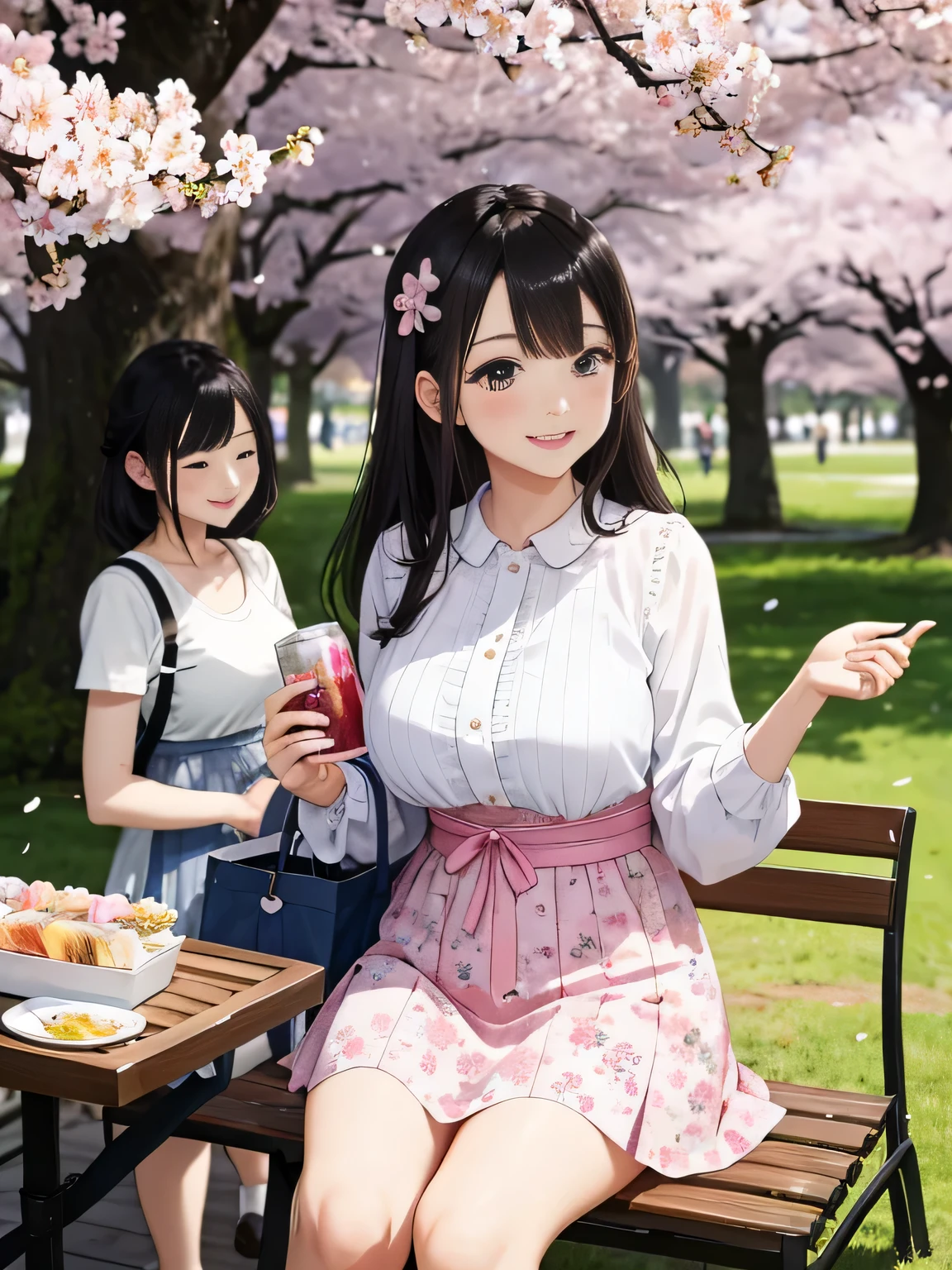 highest quality、High resolution、detailed background、beautiful and detailed face、beautiful and smooth skin、skin texture、professional lighting、Beautiful teenage girl、(two women)、(huge breasts:1.2)、black hair、cute編込みヘアスタイル、smile、enjoy、laughter、smile、sexual expression、looking at me so happy、
spring casual outfit、
Choose tops or dresses with floral or cherry blossom patterns to create a spring-like atmosphere..、
Pair it with a pastel colored skirt for a more cute look.、
my legs are、Pair it with pumps or flat shoes for a feminine look..、
You can make it even more cute by using flower hairpins or ribbons as accessories.、
that is a typical spring event and is held in Japan to celebrate the blooming of cherry blossoms.、
Enjoy a picnic under the cherry blossom trees、Enjoy cherry blossom viewing in the park or along the river.、
We will provide a pad for you to sit on., Leisure sheets, blue sheets, etc..、
Cushions and folding chairs can also be used..、
Please bring your own food and drinks., alcohol, Bento, And sweets.、
that is common to enjoy lunch boxes and drinks in a picnic mood.、
that'It's also a good idea to prepare dishes that are perfect for cherry blossom viewing., Onigiri etc., sushi, And cherry blossom viewing bento.、
In addition to spending time under the cherry blossom trees、, You can also enjoy shopping and eating and drinking at nearby shops and food stalls..、
景色と舞う桜の花びらをenjoy, Play music and have fun with friends and family, Playing games, Chat with.、cute