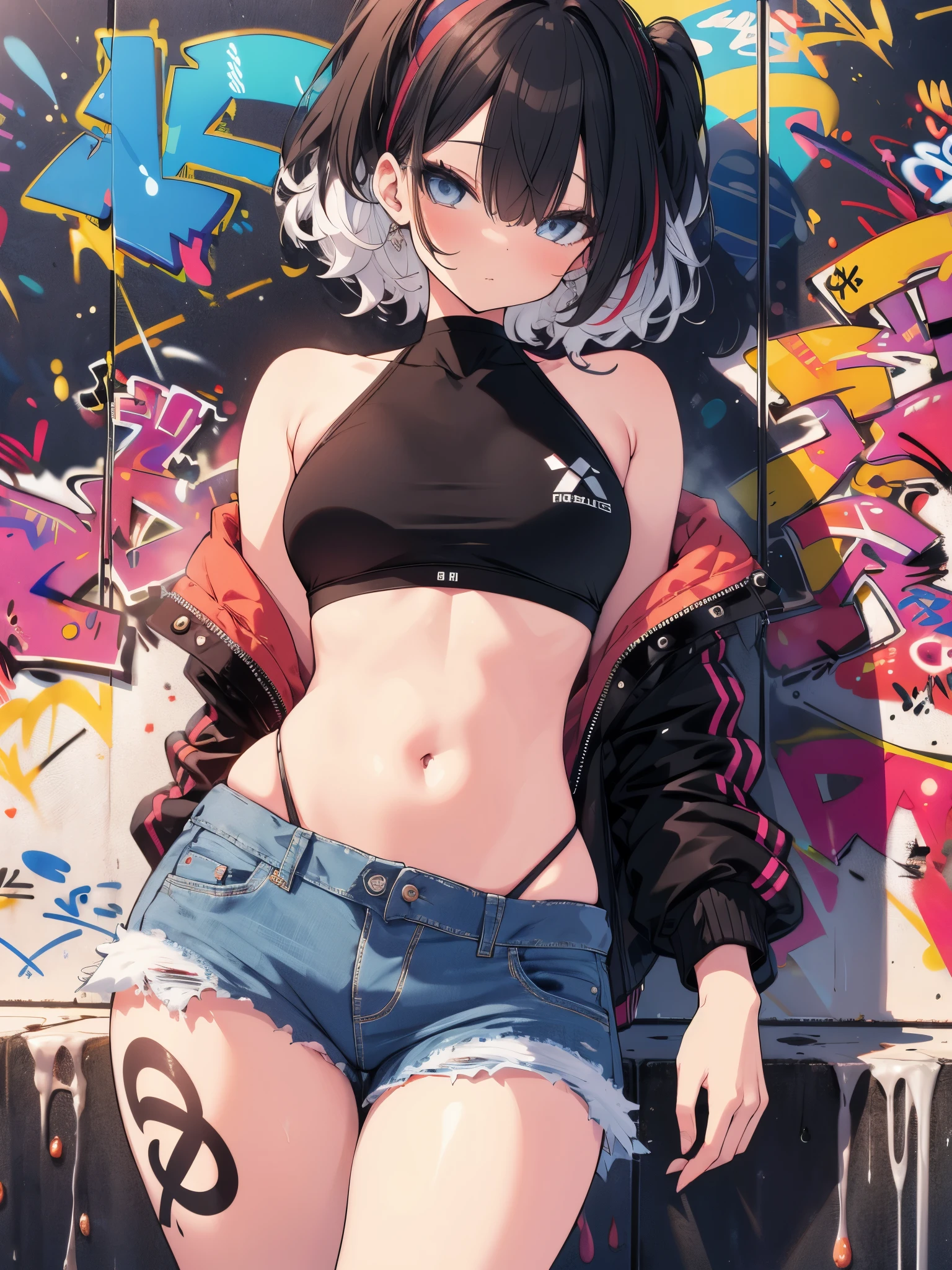 (cowboy shot), (best quality, ultra-high resolution, depth of field:1.2), adult, 1woman, toned body, medium breasts, wide hips, solo, black hair, streaked hair, short hair, bangs, black crop top, (highleg bikini:1.2), denim jeans, (graffiti:1.4), paint-stained clothes, slouching, against wall, looking at viewer, upturned eyes, head tilt, bored, hands behind back