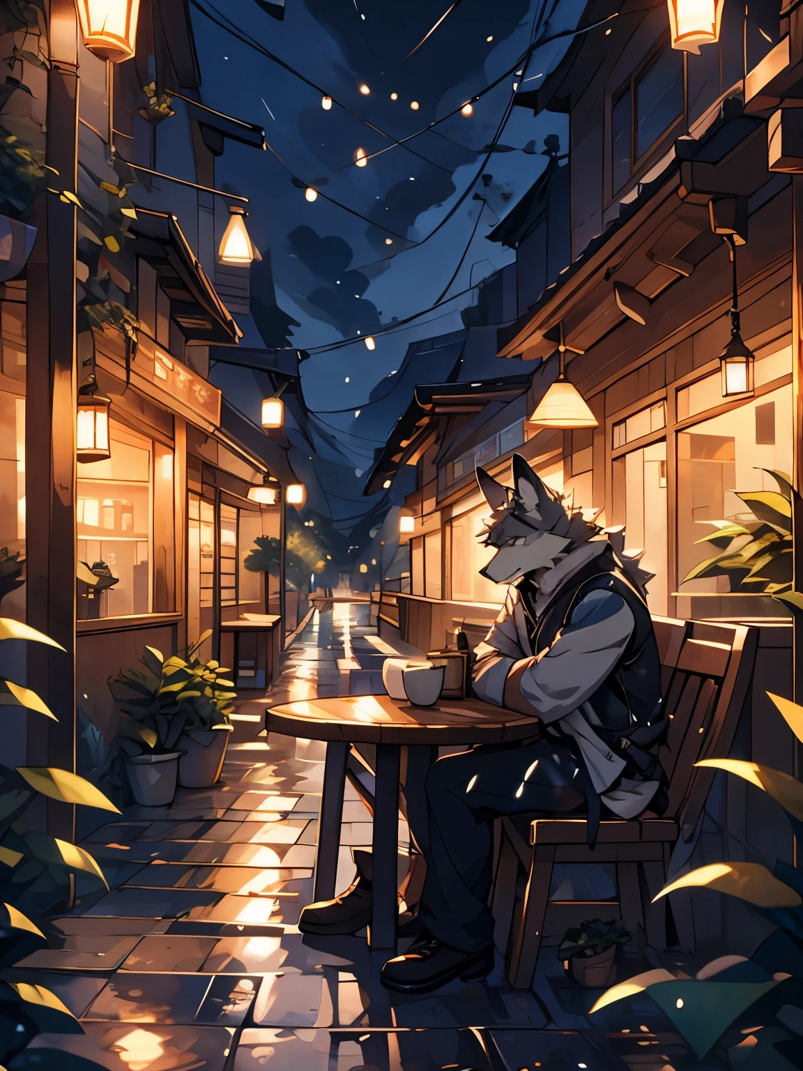 anthro wolf, furry, rain, armed,sad expression,white wolf,, night, handsome, sitting,coffee,coffee shop, masterpiece, casual clothes, 8k, nj5furry