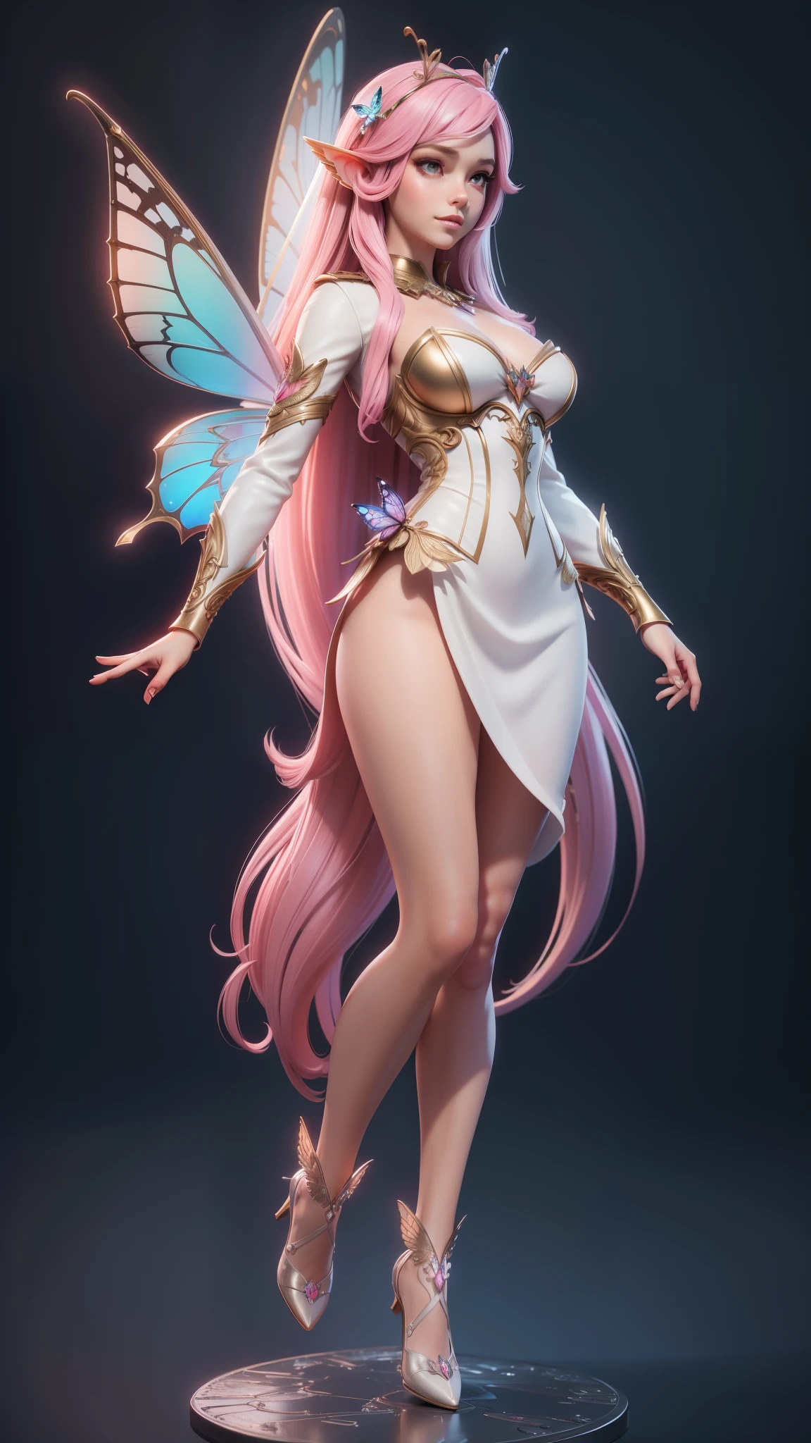 best quality, (RAW photo:1.2), (masterpiece:1.4), (photorealistic:1.4), (highres:1.4), depth of field, flight attendant, intricately detailed, 8k, extremely detailed, perfect lighting, epic background, solo, super fine photo, ((full body digital art)) Unreal Engine 5 8K UHD of a girl, concept art, character concept design, wearing white long dress with metallic details, butterfly wings, pink long hair, ((fairy girl)), pixie, best quality, masterpiece, super detailed, sharp focus, female pose
