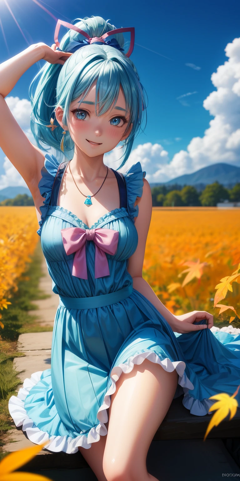 young anime girl, blue hair, ponytail, aqua eyes, orange frilly dress, bow, diamond necklace, earrings, lying on back, slender , happy expression, autumn sky, clouds, sun, windy, leaves, ultra detailed, (8k,UHD),(8k resolution), high resolution, smooth focus, vivid, vibrant, elaborate, inspired by Aokamei﻿, Octane Render 3D
