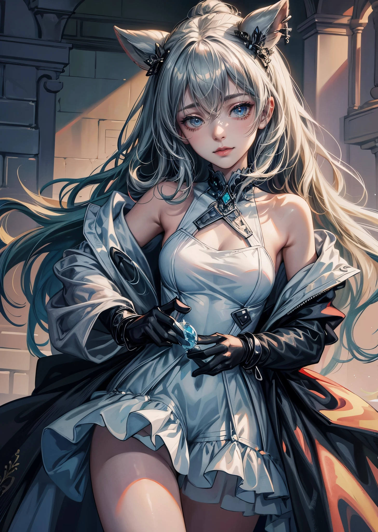 fine illustration,ultra detailed,highres,from below,cool beauty,gramer woman, cute pose,gothic_ice dress,silver_glistening long hair,ice queen,ice world,ice crystals flowers,detailed bodysuit with glittery kaleido decoration, detailed layered skirt, detailed embroidery, extremely layered frills, detailed texture, detailed pattern,slender and beautiful legs, --niji 5** - (fast)