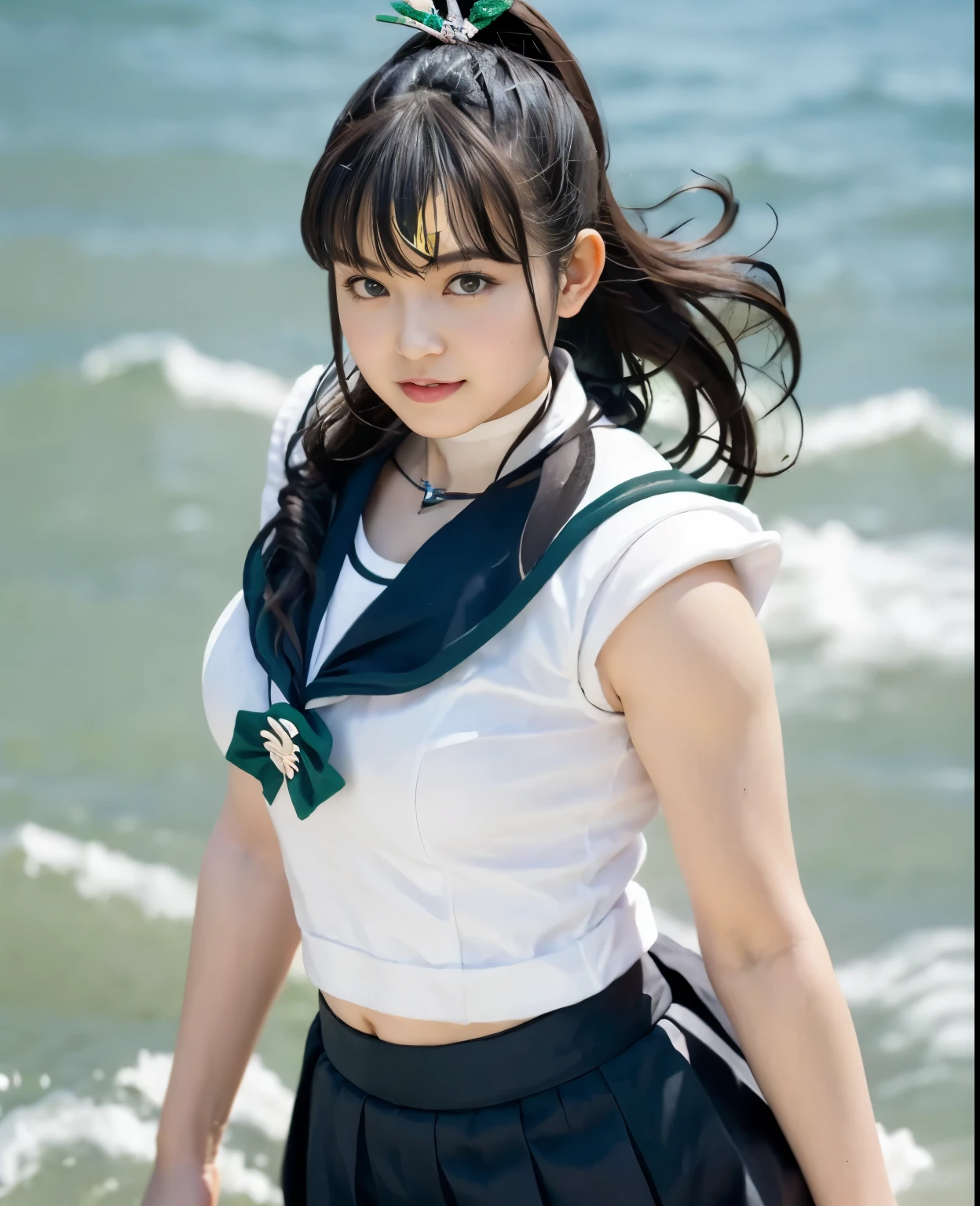 (highest quality:1.2),(perfect beautiful face:1.2),(perfect and beautiful posture:1.2),(sailor_jupiter:1.3), On the beach in midsummer, smile, (thick muscles:1.3),big breasts,Ultra-high precision photos,clear eyes,Chubby