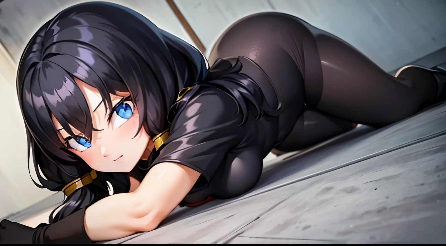 girl,black tight suit,masterpiece, highest quality,High resolution,girl,he saw,saw 2, blue eyes, black hair, Low twintails and short cut,jungle,crawl on all fours