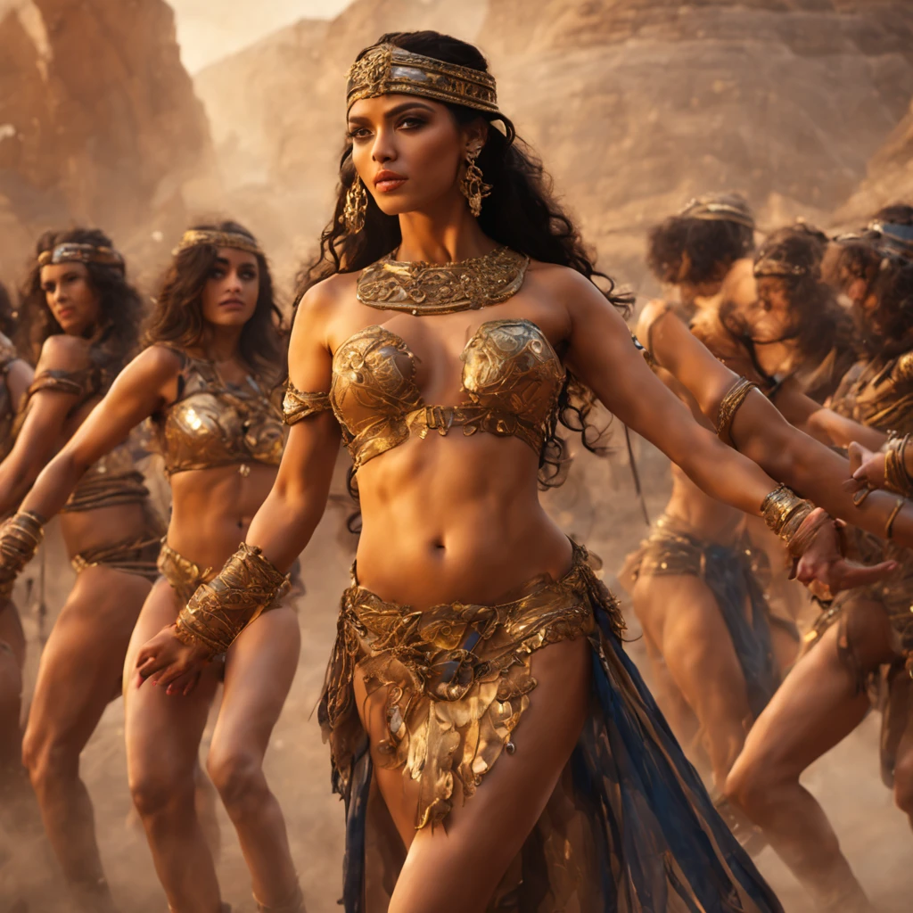 (Conan movie)(best quality,4k,highres:1.2),ultra-detailed,realistic:1.37, A group of Egyptian women (aged near 20, various builds and complexions, tend towards  and nimble, ancient Egyptian dancer attire, make up, and body paint) Have been ordered to dance by their queen. Sensual belly dance, graceful serpentine movement, torch light dancing on oiled skin, alluring grace and beauty, revealing outfits. One of the women is extremely excited and volunteers enthusiastically, she is extremely happy. Cover any bare nipples with metallic star pasties (no nudity, safe for work)