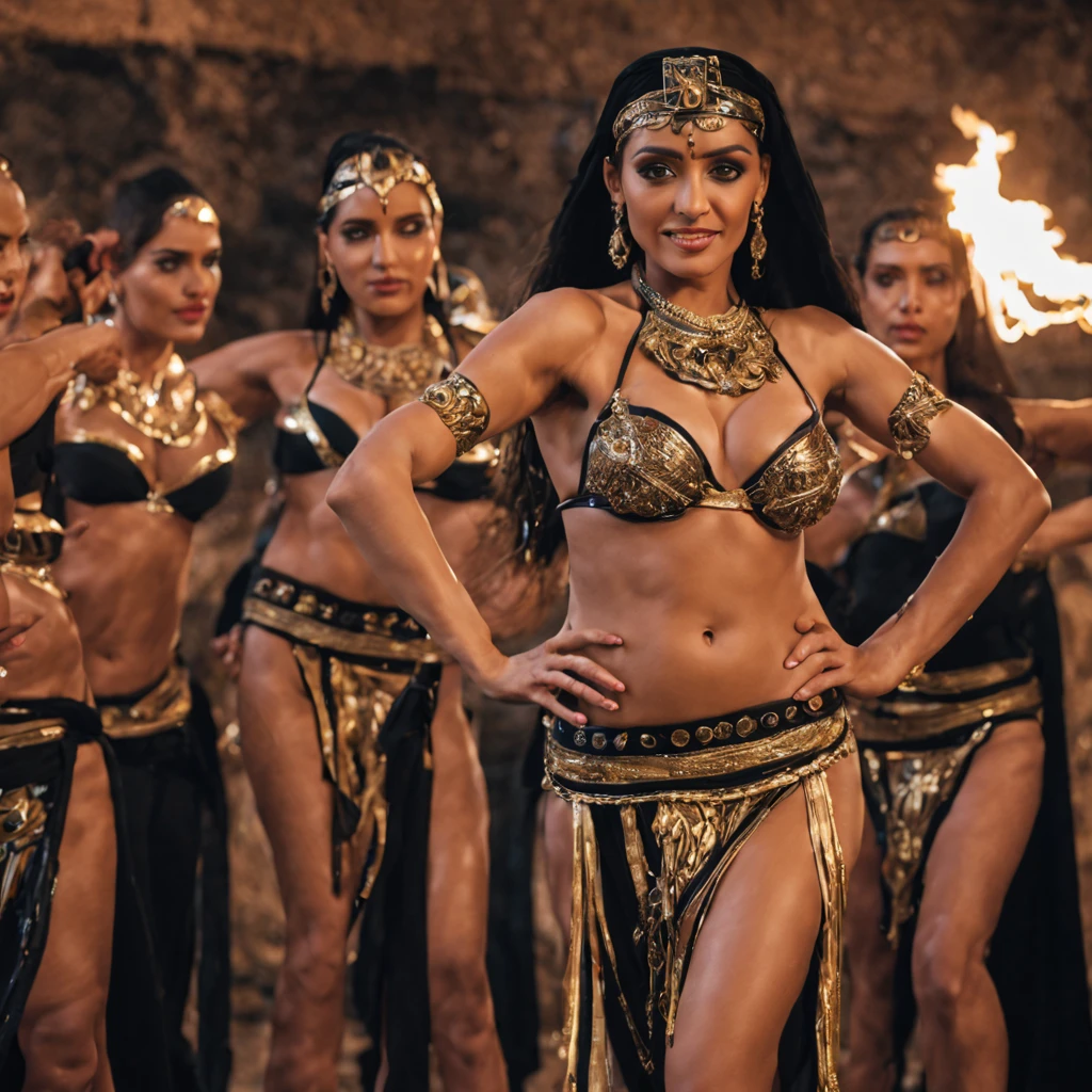 (Conan movie)(best quality,4k,highres:1.2),ultra-detailed,realistic:1.37, A group of Egyptian women (aged near 20, various builds and complexions, tend towards  and nimble, ancient Egyptian dancer attire, make up, and body paint) Have been ordered to dance by their queen. Sensual belly dance, graceful serpentine movement, torch light dancing on oiled skin, alluring grace and beauty, revealing outfits. One of the women is extremely excited and volunteers enthusiastically, she is extremely happy. Cover any bare nipples with metallic star pasties (no nudity, safe for work)