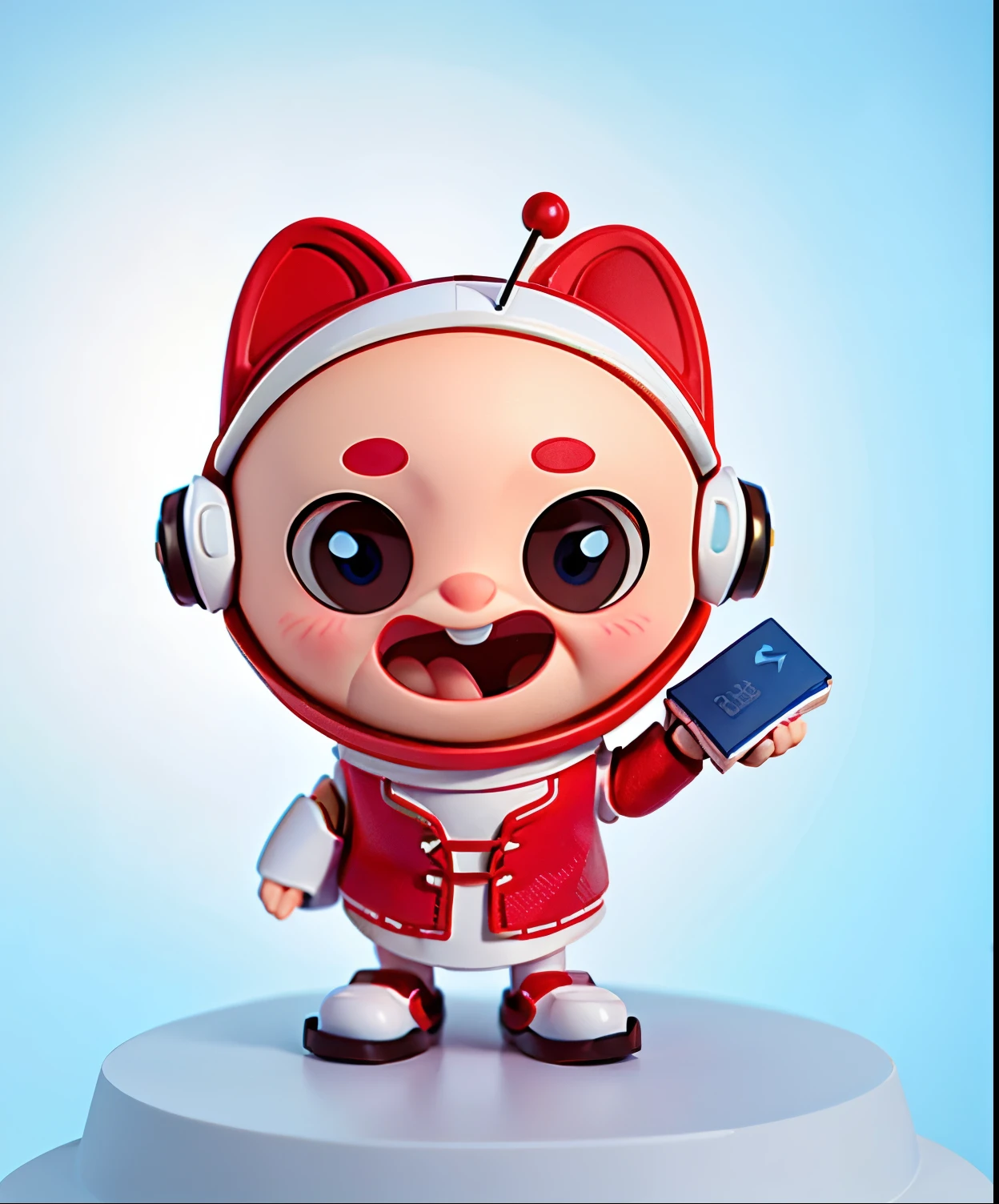 Blind box toy style,A lovely IP image,wearing white clothes,Wearing a small white helmet,Holding a small book in the hand