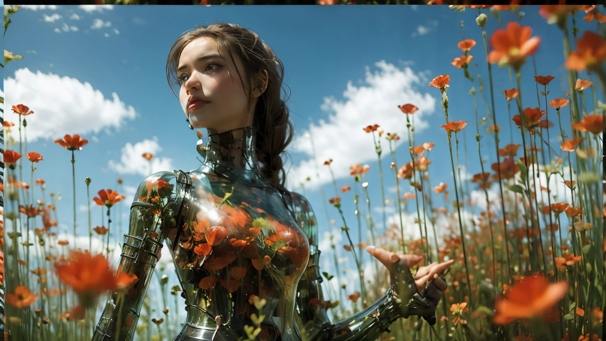 1girl, flower, sky, outdoors, cloud, solo, red flower, grass, field, black hair, standing, day, letterboxed, blurry, braid, blue sky, 