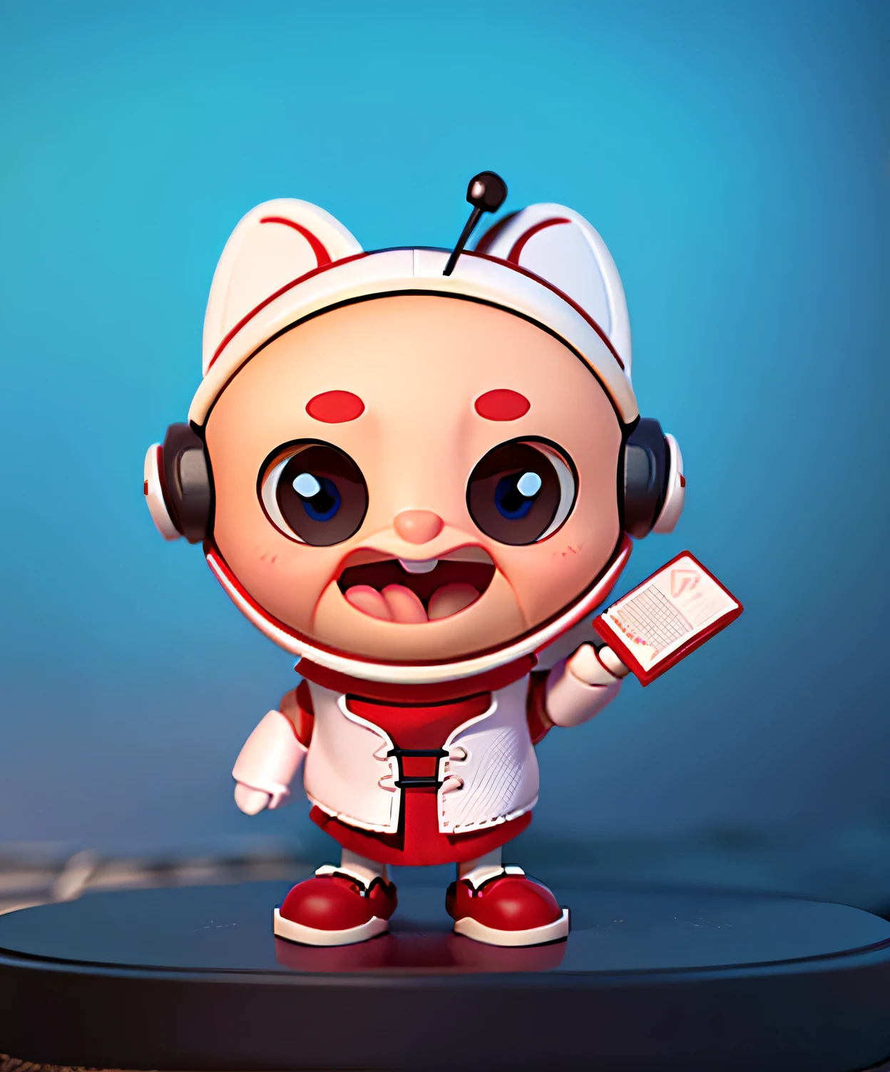 Blind box toy style,Lovely IP image,wearing white clothes,Wearing a small white helmet,holding a small book in hand