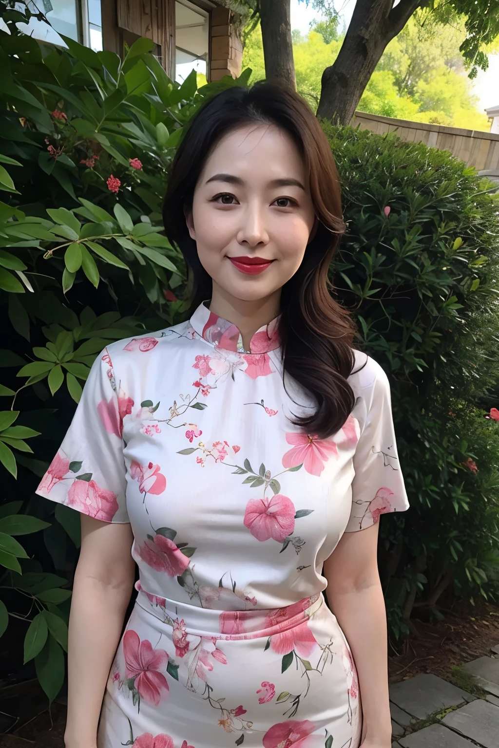 Draw lips correctly, red lipstick, from chest up, best quality, Super detailed, lifelike, Super fine skin, perfect anatomy, (1 日本Mature的女人), (alone),Wear a floral green round neck dress,short sleeve,wavy long hair,37-year-old female,Mature,charming smile,garden background,stand,Slightly fat,medium chest,full-body shot。