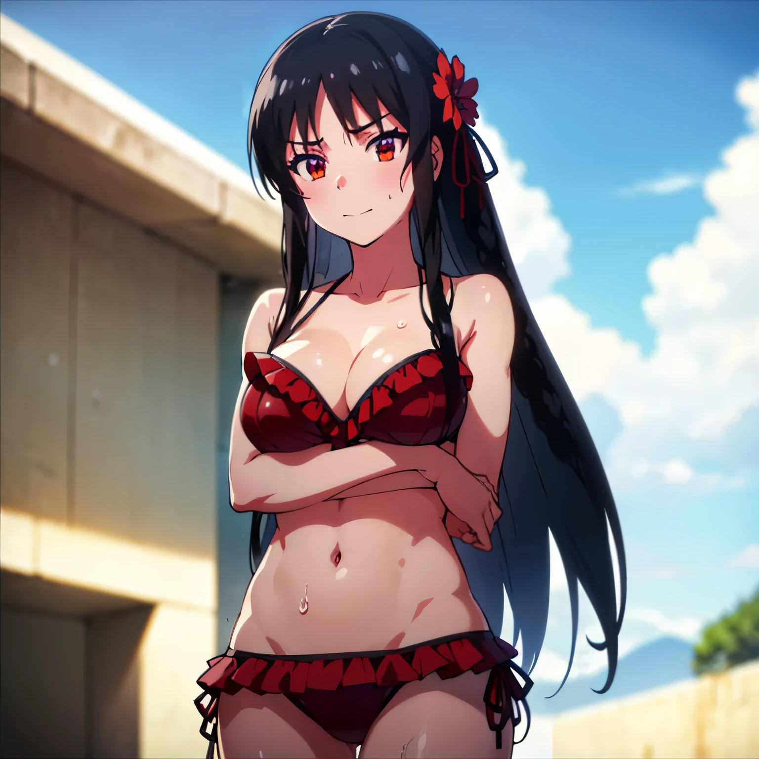 (masterpiece, best quality, high resolution, animescreencap, anime colored,), (perfect anatomy, beautiful detailed eyes, beautiful detailed body, beautiful breast, shiny skin), 1girl, solo, black hair, side bangs, long hair , medium breasts, smiling, red eyes, anime eyes,armpits, looking at viewer, (( frill bikini (flower design))), ((wet skin)),((standing)), ((outdoors)), (( super sweaty body)),((looking from below)),((arms covering breast))