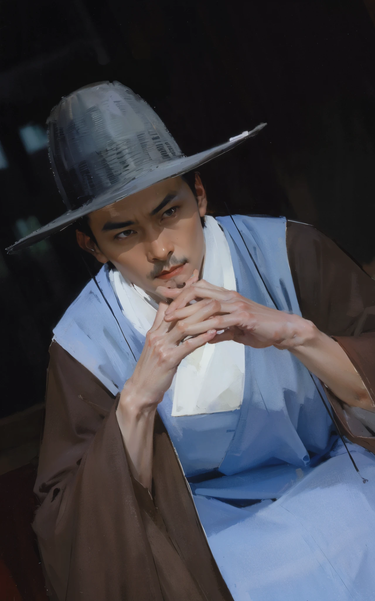 best quality,masterpiece,(painting:1.5),An ancient man from the Ming Dynasty of China,man wearing blue hanfu,fierce的眼神,strangle to death violently,Staring at middle-aged men,Asian,General,sharp eyes eyes and,husband wearing blue clothes,wearing a hat,sit on bench, Inspired by Shin Saimdang, traditional clothing, traditional clothing, Hanbok, noble clothing, korean Hanbok, aristocratic appearance, Korean male, Wear period-appropriate clothing, classical robe, precise, Wearing noble robes, Wearing ancient Chinese clothing,Dark brown wide-sleeved Hanfu,firm eyes,fierce,Handsome man,young man,(a detailed painting:0.353),(文艺复兴古典painting风格:0.8)
