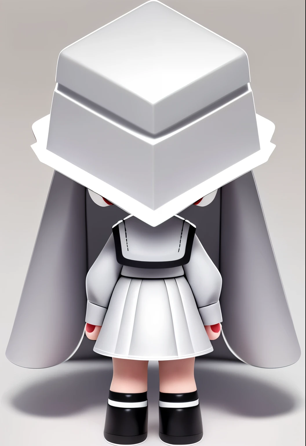 Bubble Mart blind box style，A cute  girl from the back，Wearing a white box-shaped hat，princess cut hairstyle，Two gray and white ponytails，Wearing dark gray skirt and boots