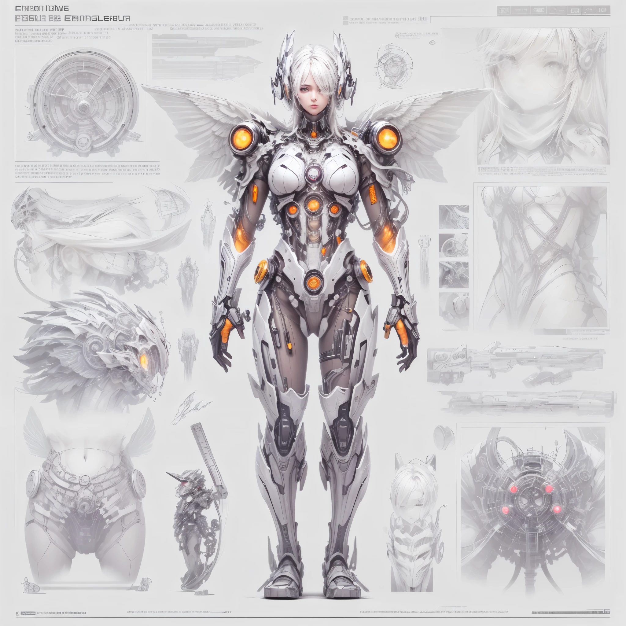 (Character Design Sheet),full body, Against a pure light gray background, A mixture of biology and machinery, a transparent mechanical angel, Complex and precise internal structure, Luminous neon lamp,(high detail, masterpiece, best quality, UHD, Sharpen details)