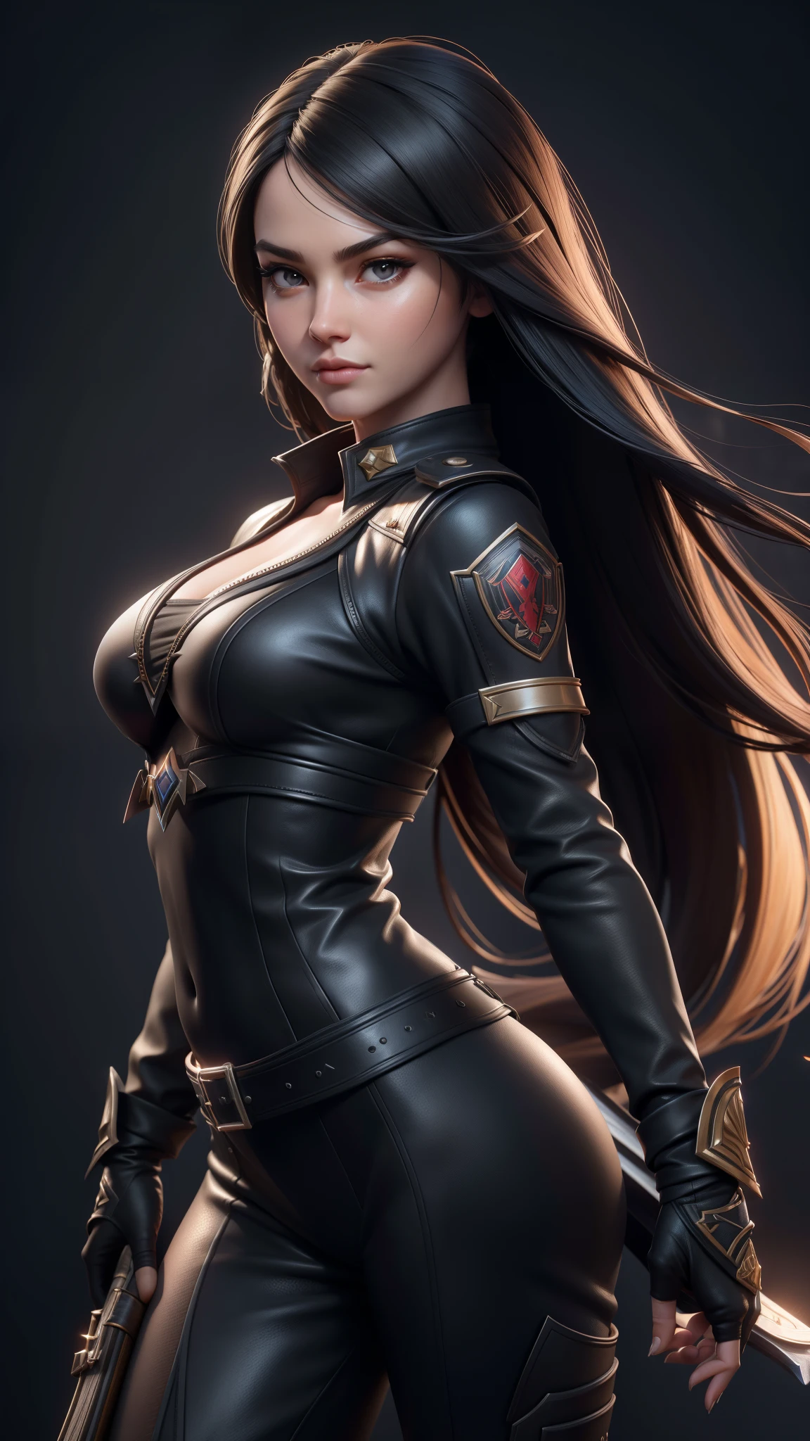 best quality, (RAW photo:1.2), (masterpiece:1.4), (photorealistic:1.4), (highres:1.4), depth of field, flight attendant, intricately detailed, 8k, extremely detailed, perfect lighting, epic background, solo, super fine photo, ((portrait digital art)) Unreal Engine 5 8K UHD of a girl, concept art, character concept design, wearing black leather bodysuit with pauldron, red carpet, black tied long hair, ((assassin girl)), best quality, masterpiece, super detailed, sharp focus, female pose