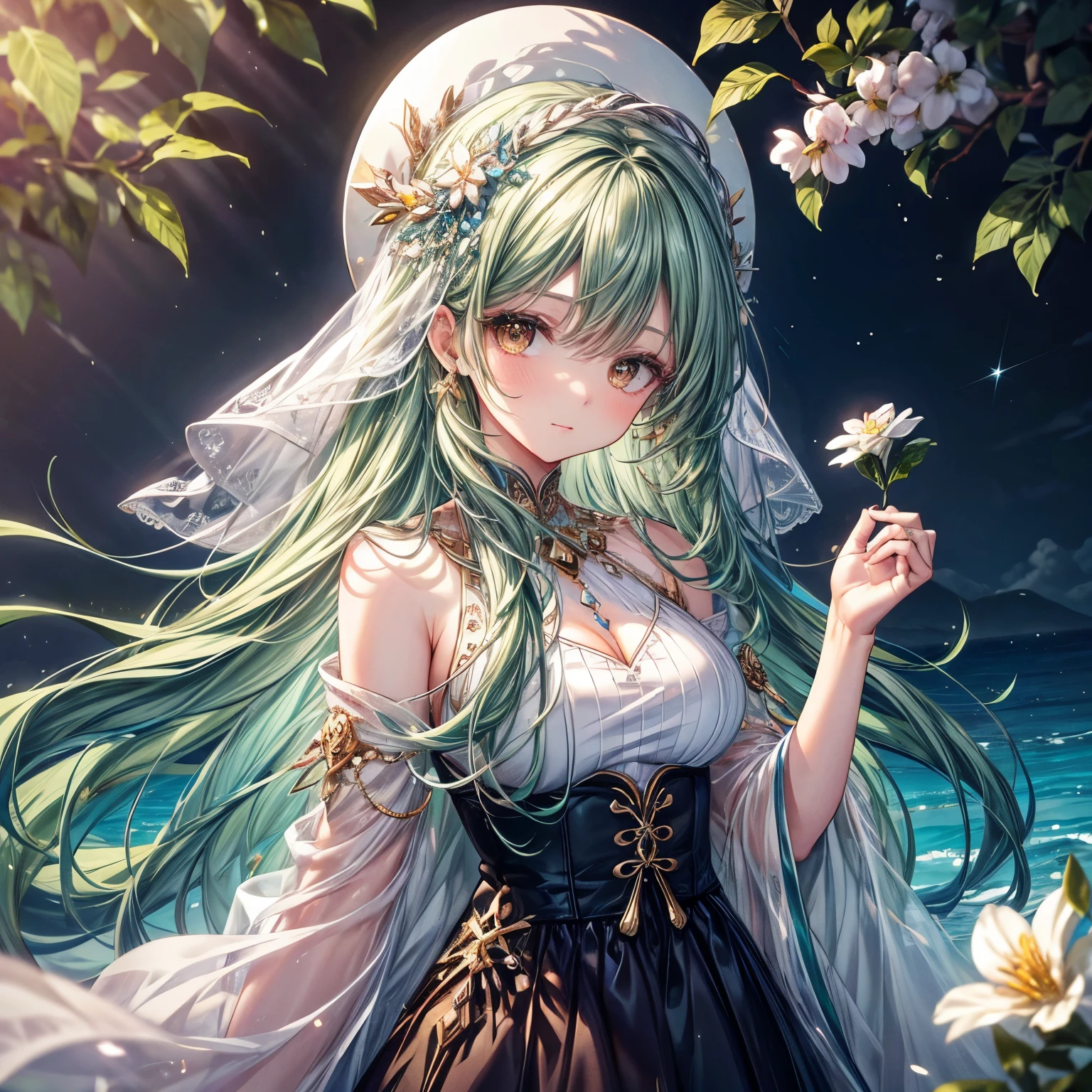 ( High quality , ultra detailed, careful with hand )Zodiac - Virgo goddess , similar to latin goodness , Efficient, industrious, calm, altruistic, adaptable face , Highly sensitive, over-critical, materialistic style ,  mature , deep brown eyes (eyes detail) , long hair , mist-green hair , transparent dress , in the ocean with trees and flowers , whole body , make up look , like a earth goddess. With nature. Close-up