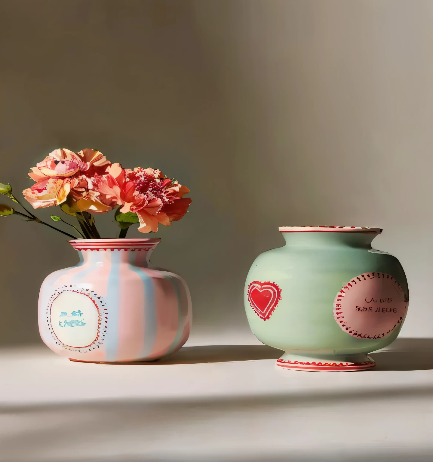 there are two vases with flowers in them sitting on a table, vases and bottles, i dream of a vase flowers, vase with flowers, Emma Bridgewater and Paperchase, Inspired by Annabelle Kidson, vase, vase work, handmade pottery, art pottery, dslr photo of a vase on a table, by Lucette Barker